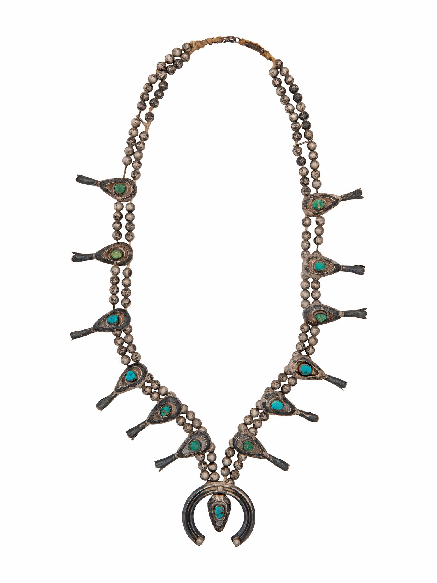 Navajo Silver and Turquoise Squash Blossom Necklace