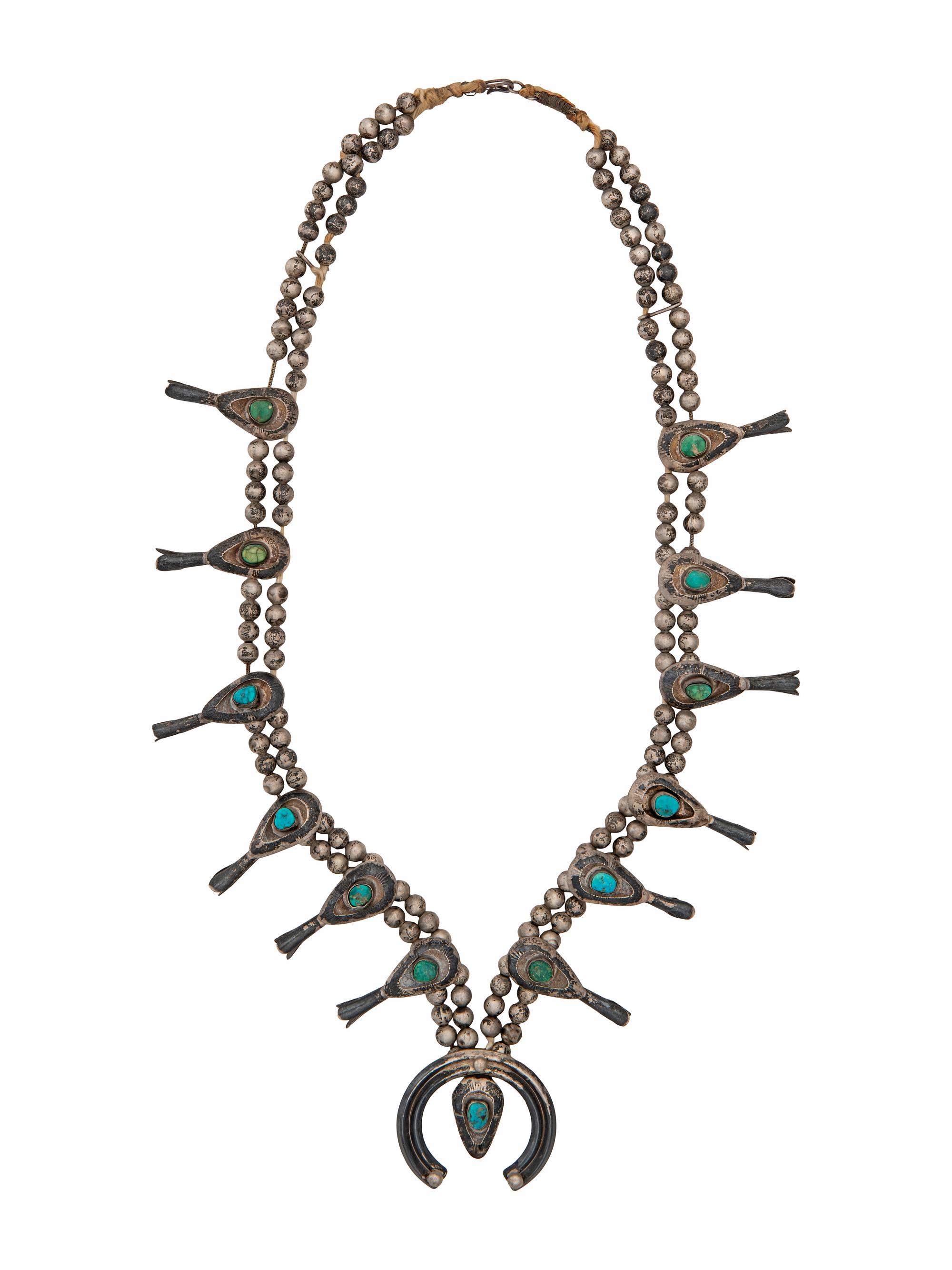 Navajo Silver and Turquoise Squash Blossom Necklace