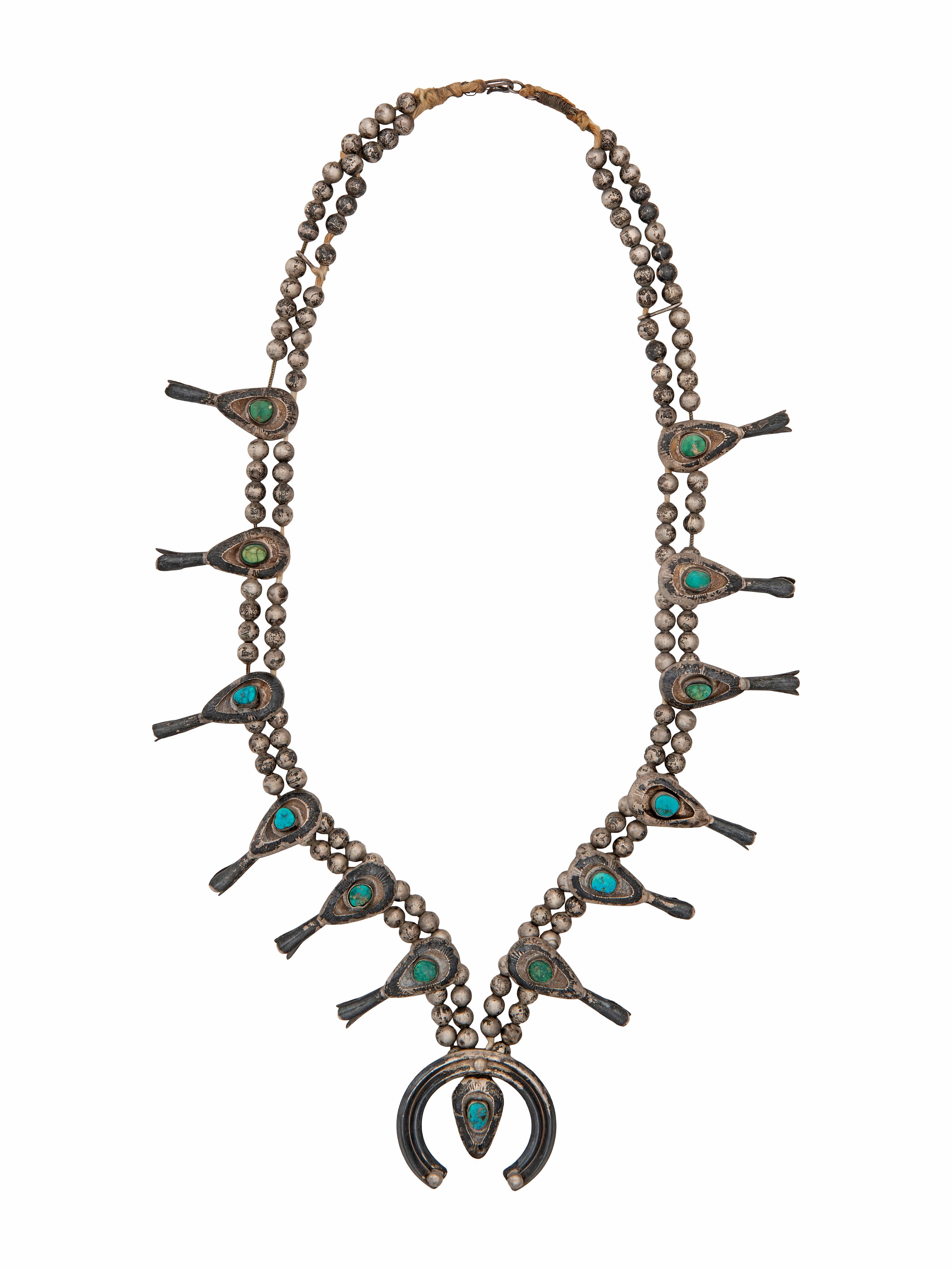 Navajo Silver and Turquoise Squash Blossom Necklace