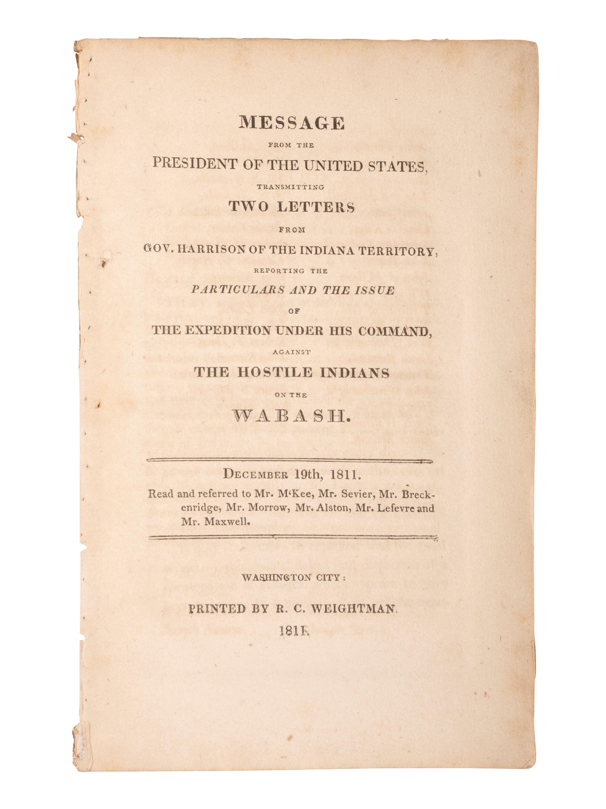 [HARRISON, William Henry - BATTLE OF TIPPECANOE]. [MADISON, James].