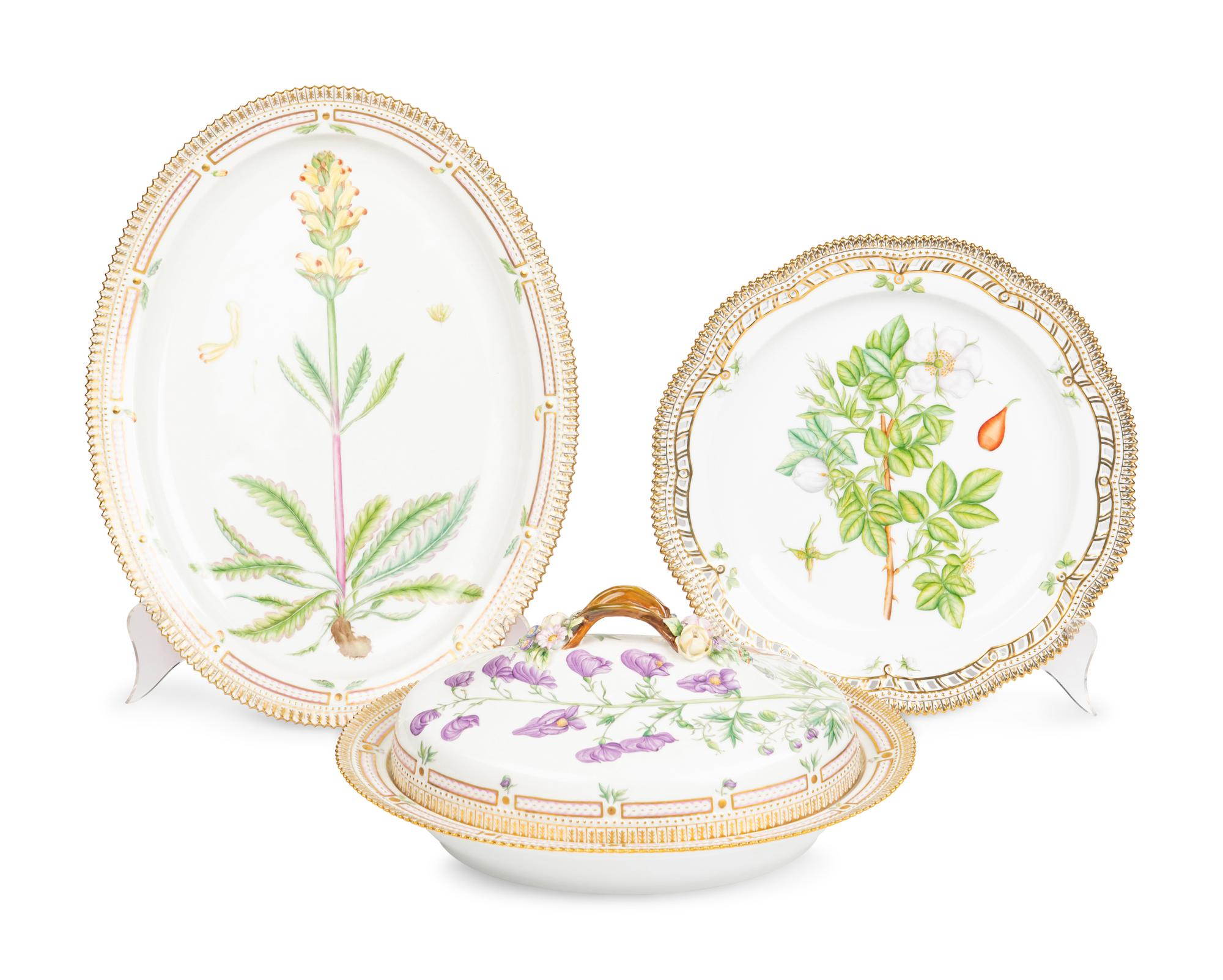 Three Royal Copenhagen Flora Danica Porcelain Serving Articles