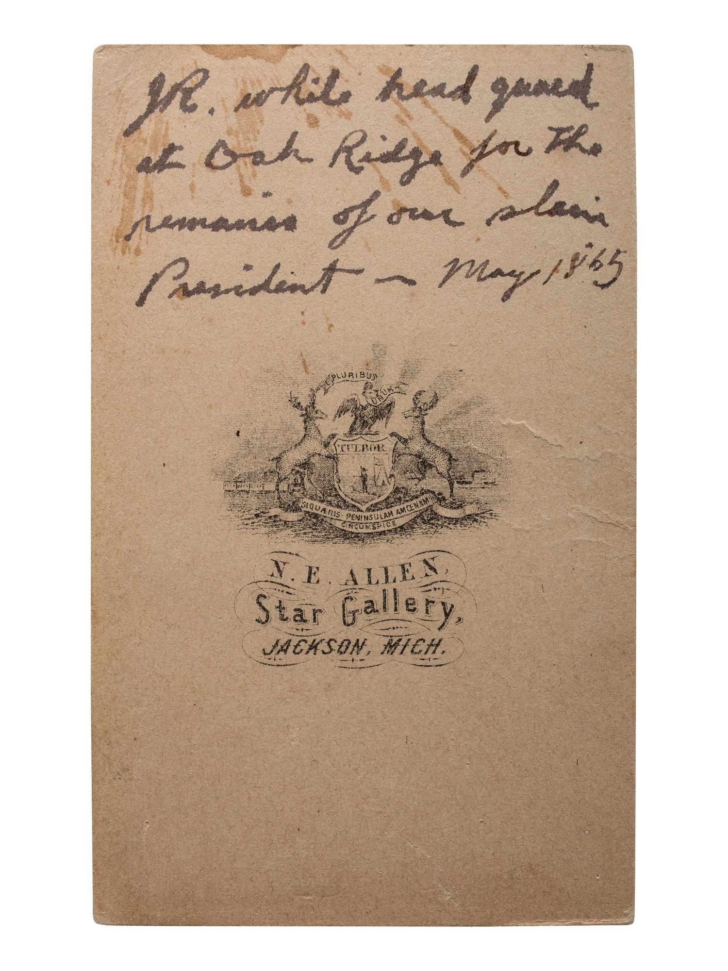[LINCOLNIANA]. A group of 2 images, featuring CDV of Head Guard at Oak Ridge Cemetery. Jackson, Michigan: N.E. Allen, May 1865.