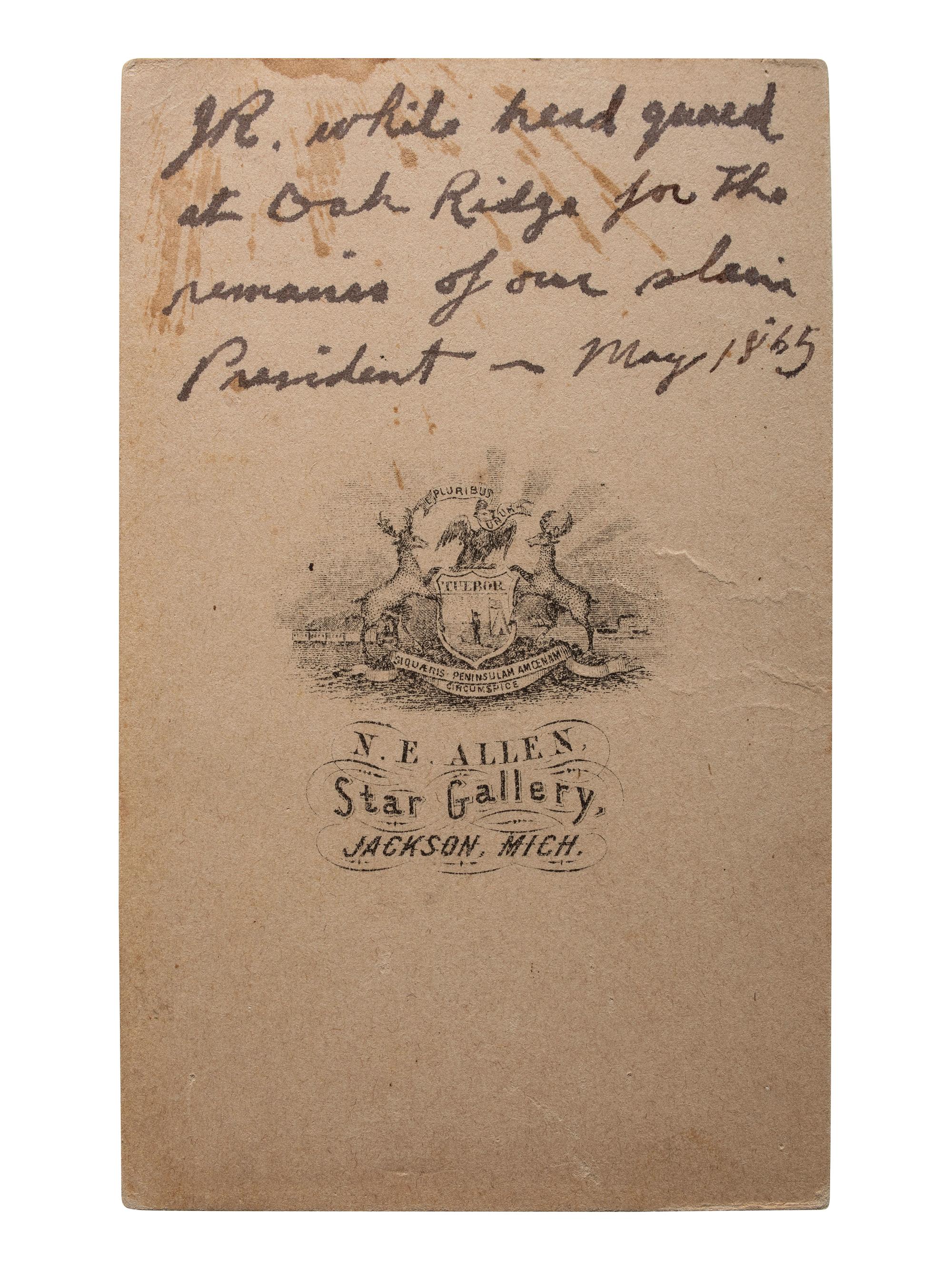 [LINCOLNIANA]. A group of 2 images, featuring CDV of Head Guard at Oak Ridge Cemetery. Jackson, Michigan: N.E. Allen, May 1865.