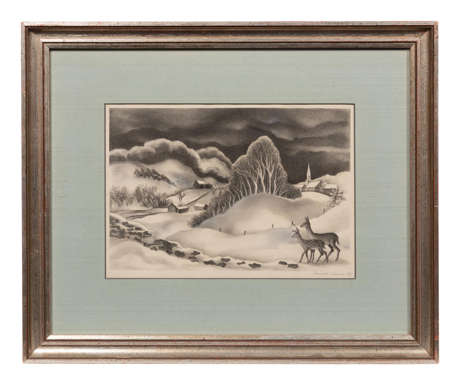 A group of four American prints (Ernest Fiene, New Snow ; Ernest Fiene, Rural Village ; Kyra Markham; Winter Twilight ; Ronau Woiceske, Winter Chores)