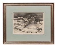A group of four American prints (Ernest Fiene, New Snow ; Ernest Fiene, Rural Village ; Kyra Markham; Winter Twilight ; Ronau Woiceske, Winter Chores)