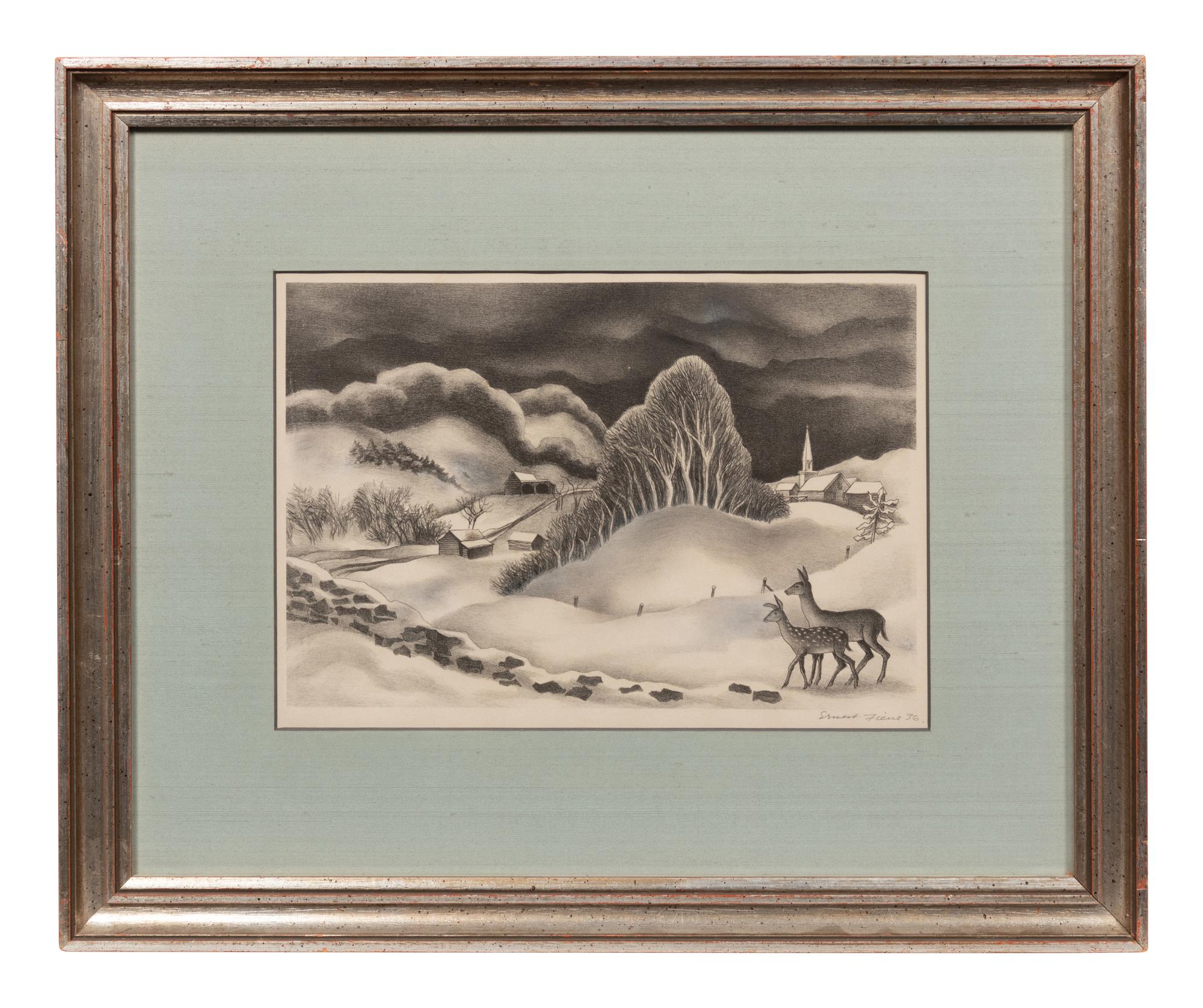 A group of four American prints (Ernest Fiene, New Snow ; Ernest Fiene, Rural Village ; Kyra Markham; Winter Twilight ; Ronau Woiceske, Winter Chores)