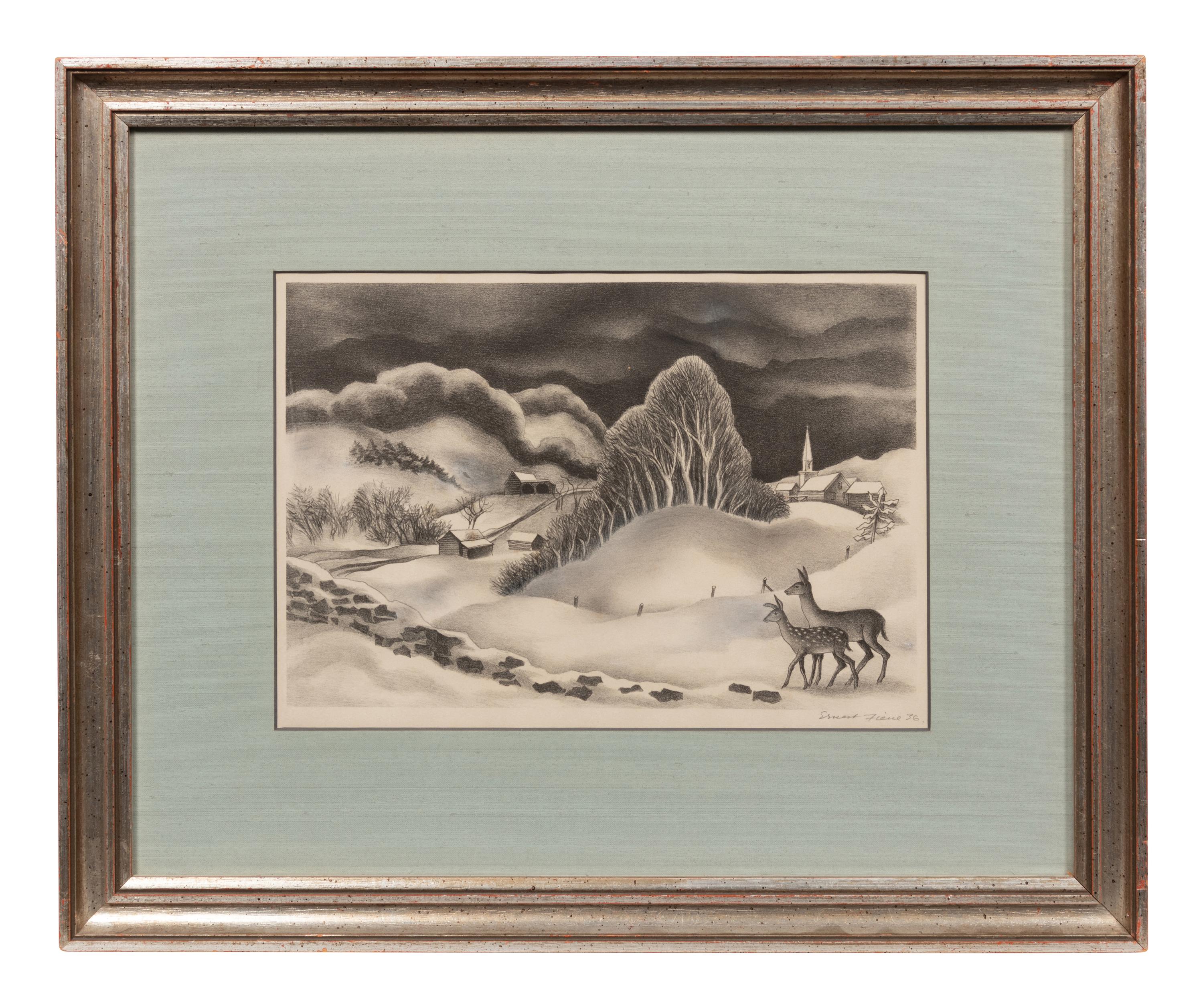 A group of four American prints (Ernest Fiene, New Snow ; Ernest Fiene, Rural Village ; Kyra Markham; Winter Twilight ; Ronau Woiceske, Winter Chores)