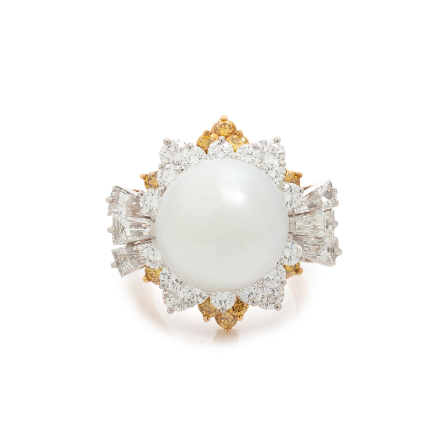 OSCAR HEYMAN & BROTHERS, SOUTH SEA CULTURED PEARL, DIAMOND AND COLORED DIAMOND RING
