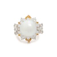 OSCAR HEYMAN & BROTHERS, SOUTH SEA CULTURED PEARL, DIAMOND AND COLORED DIAMOND RING