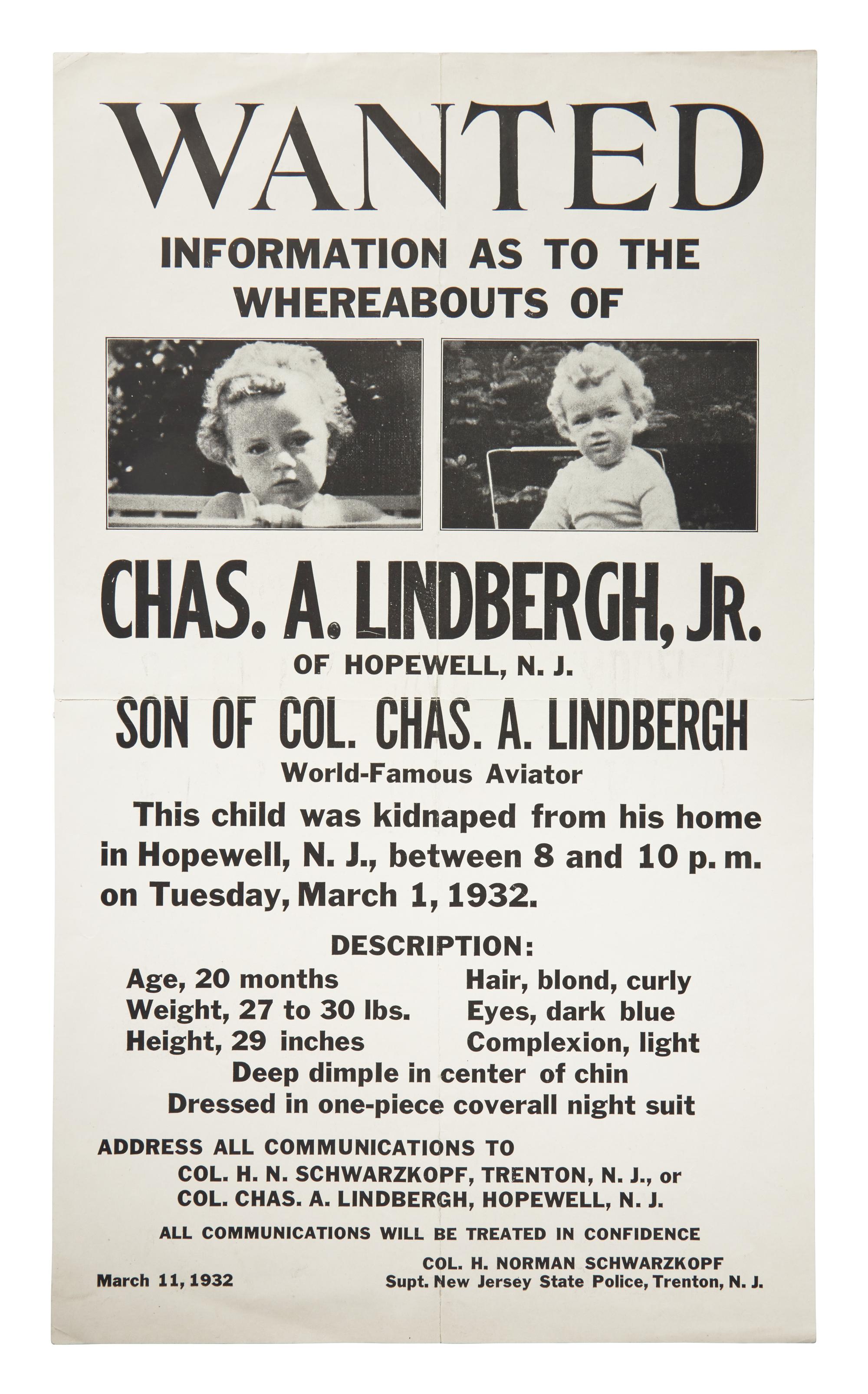 [Americana] [Lindbergh, Charles] Wanted Poster for the Kidnapping of Charles Lindbergh, Jr.