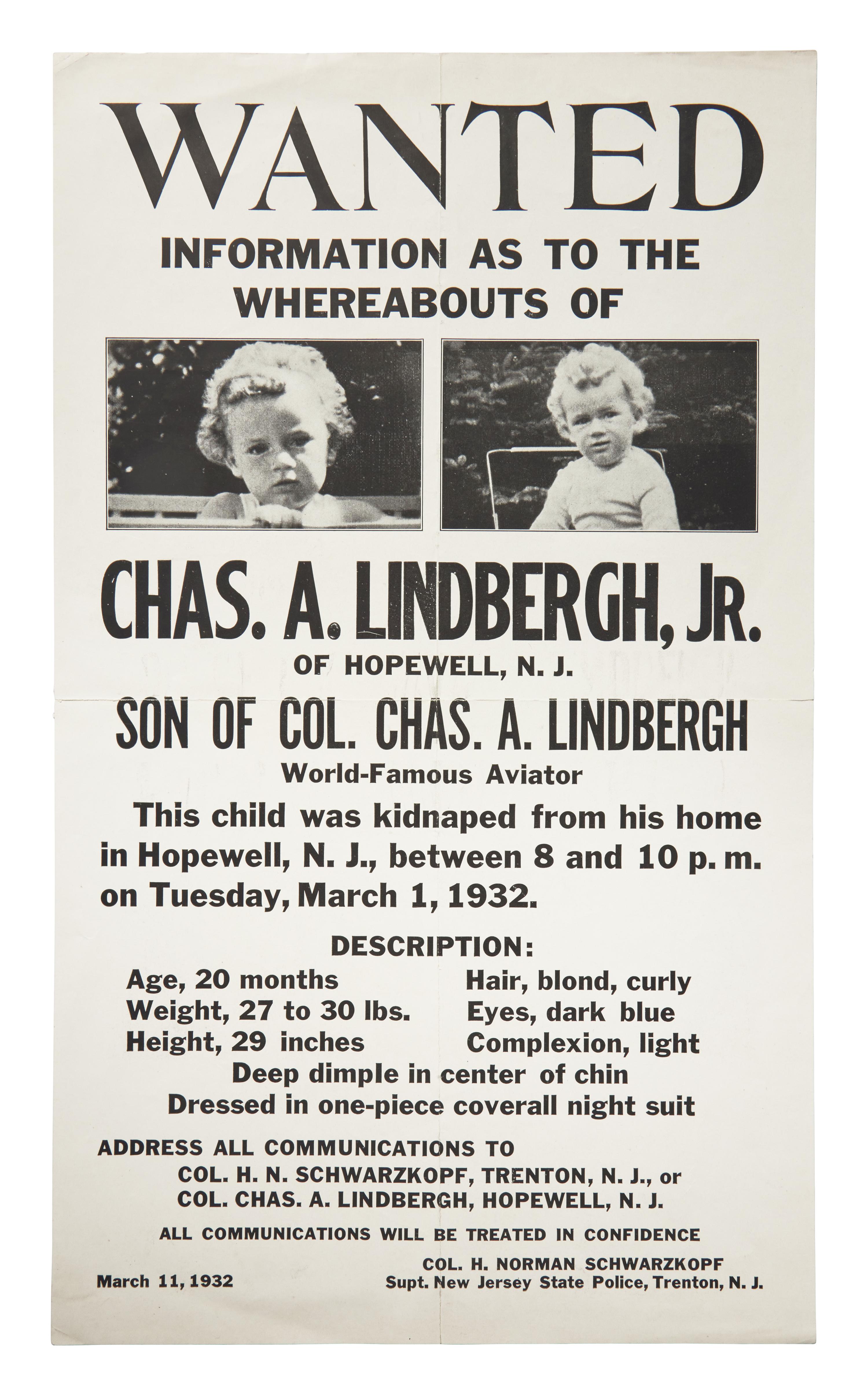 [Americana] [Lindbergh, Charles] Wanted Poster for the Kidnapping of Charles Lindbergh, Jr.