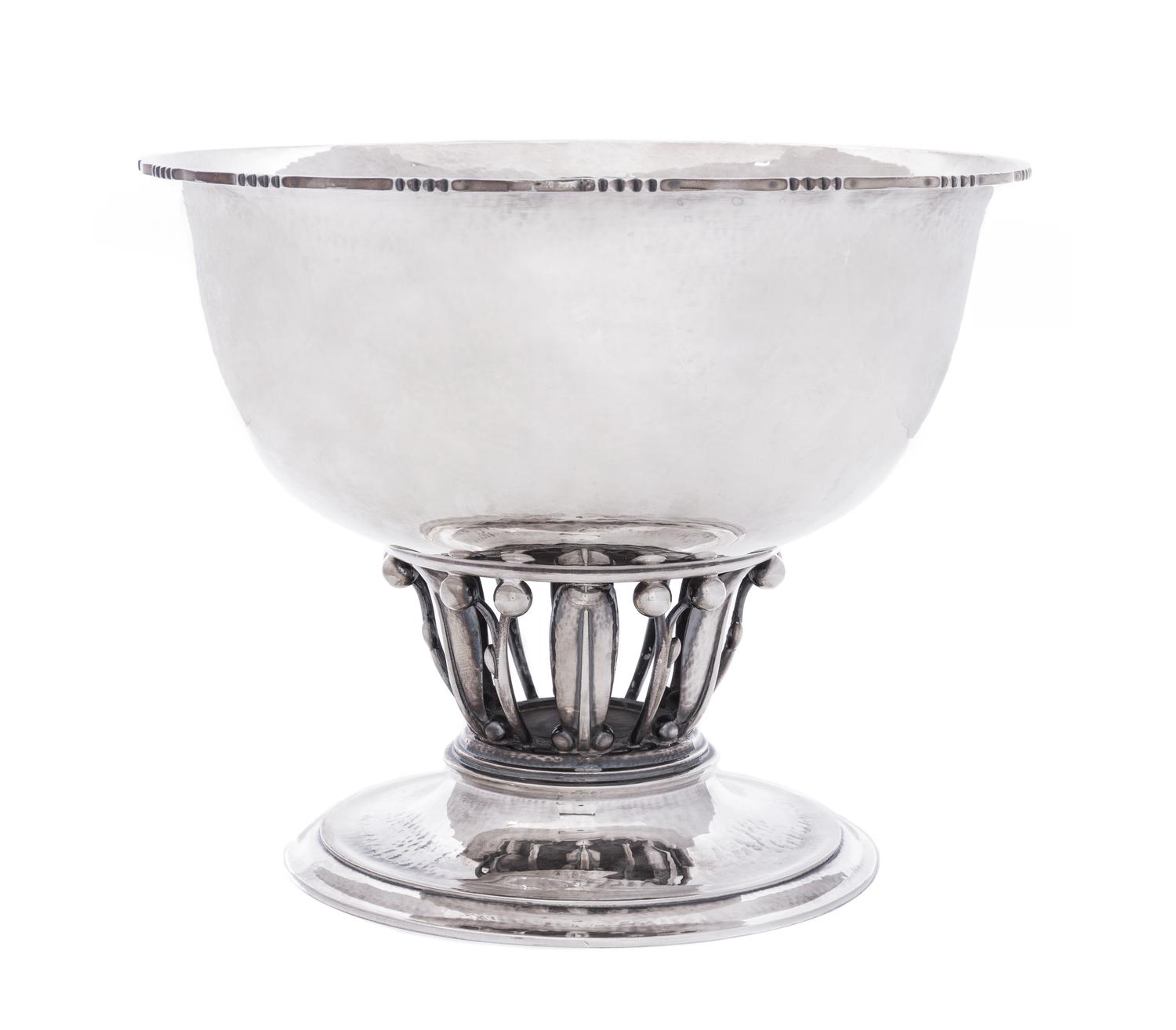 A Danish Silver Footed Louvre Bowl, Georg Jensen Silversmithy, Copenhagen, 1915-1930, #19B, having a serrated flared mouth raised on a