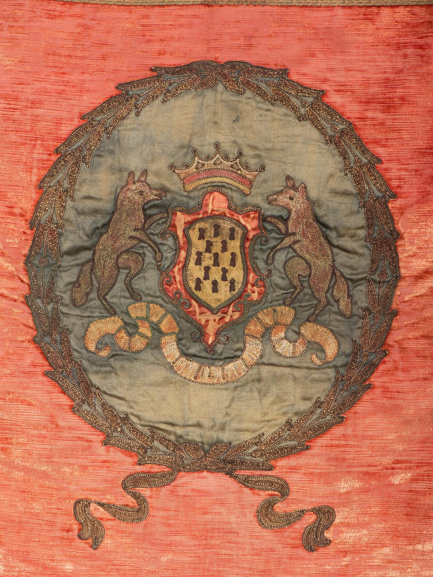 A Velvet and Metallic Thread Embroidered Armorial Panel
