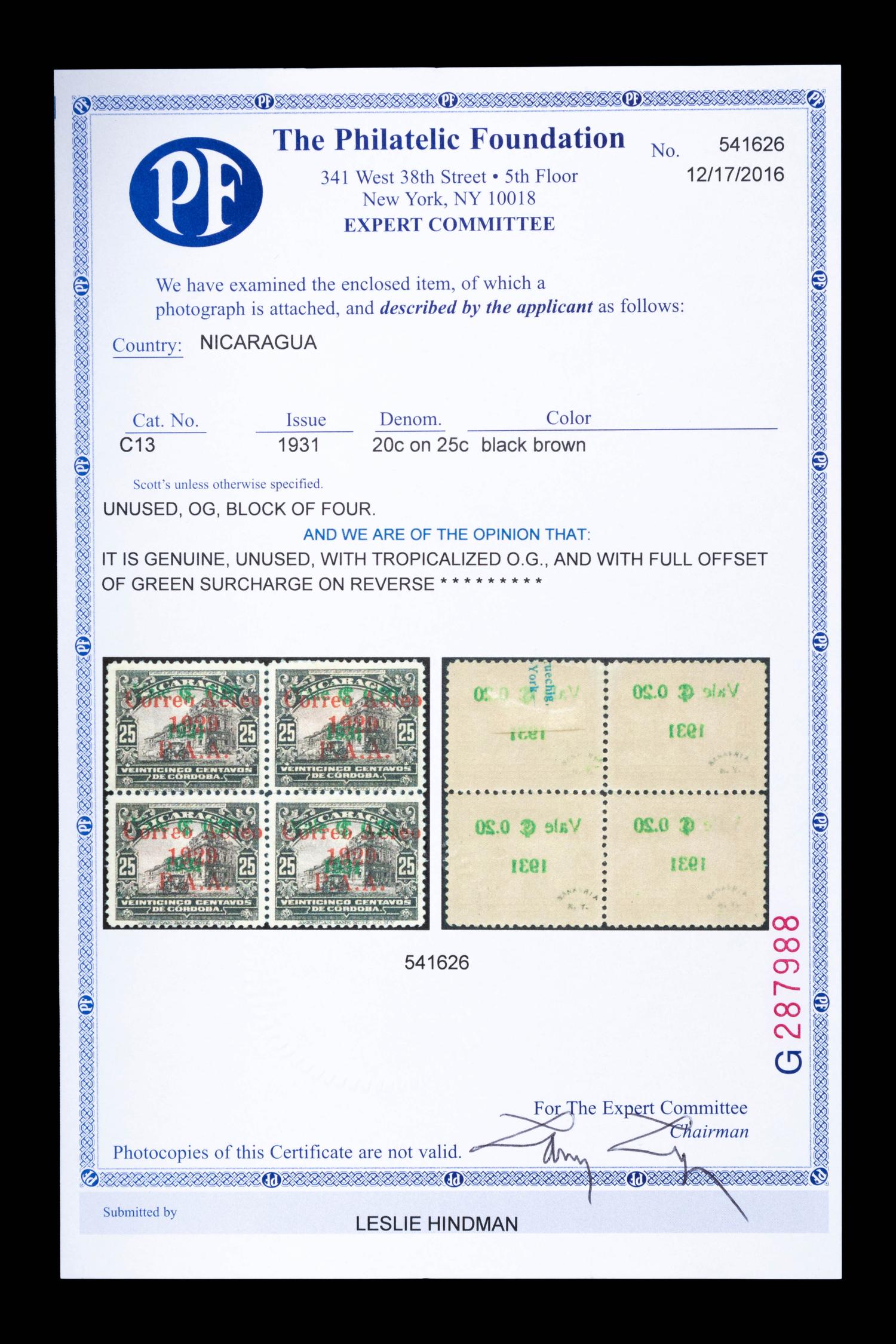 [SURCHARGE ERROR] NICARAGUA. Airmail. 1932. 20c on 25c. Black Brown (#C13)), Block of Four, Full Offset of Green Surcharge on Reverse