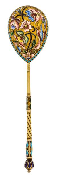 A Russian Silver-Gilt and Enamel Spoon, Mark of Maria Semenova, kokoshnik mark of Ivan Lebedkin, Moscow, having an enameled finial surm