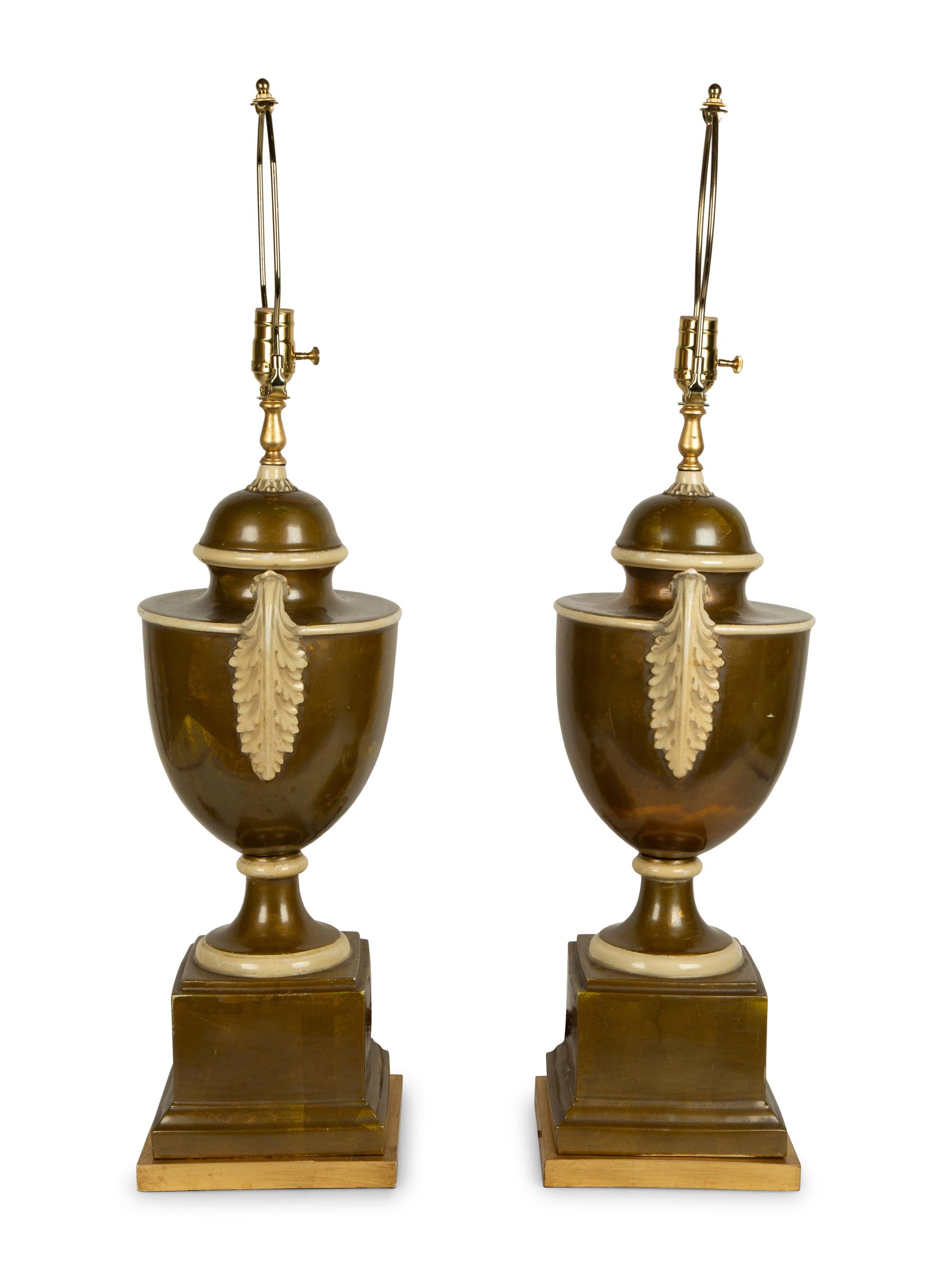 A Pair of Italian Green and White Glazed Pottery Urns Mounted as Lamps — 19TH/20TH CENTURY