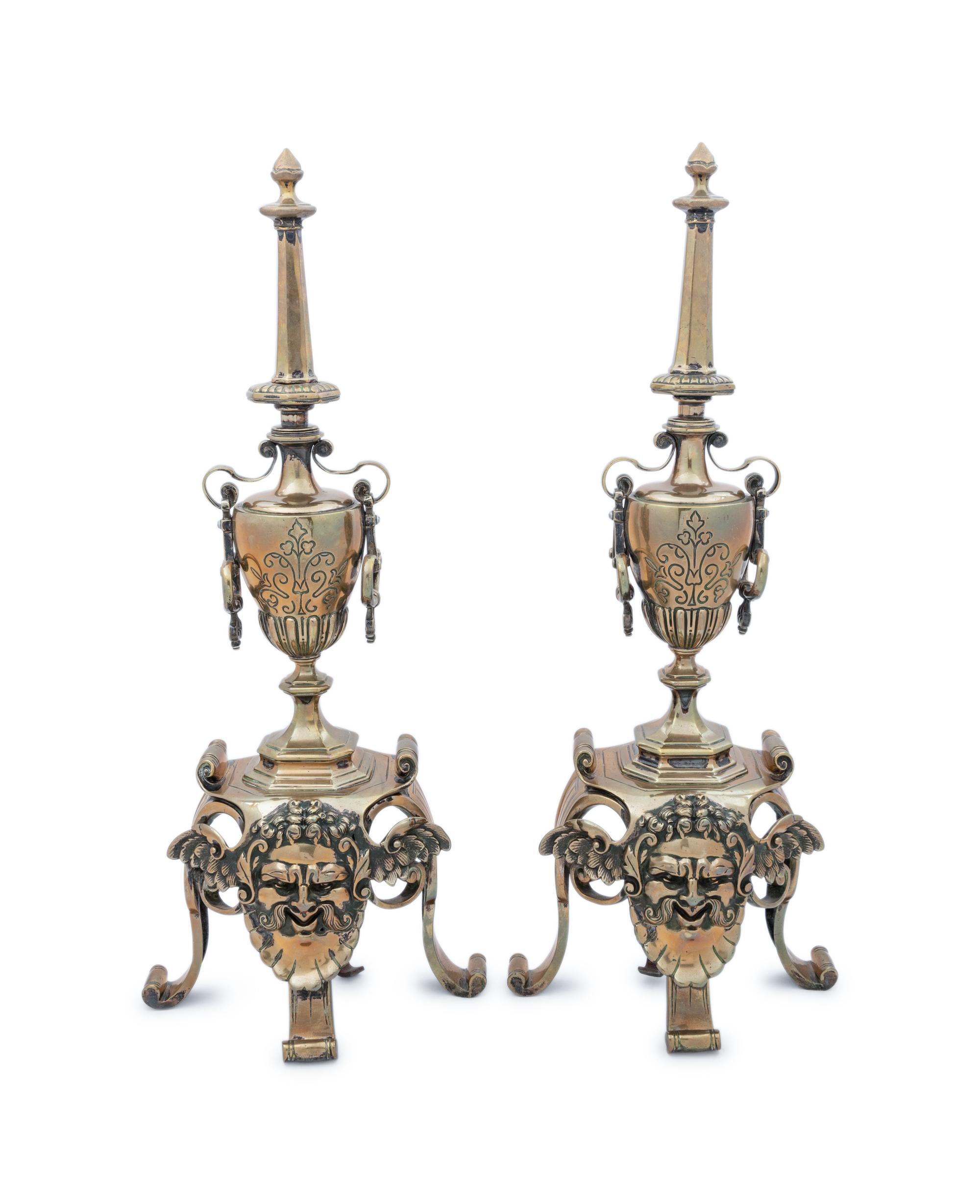 A Pair of Neoclassical Style Brass Andirons
