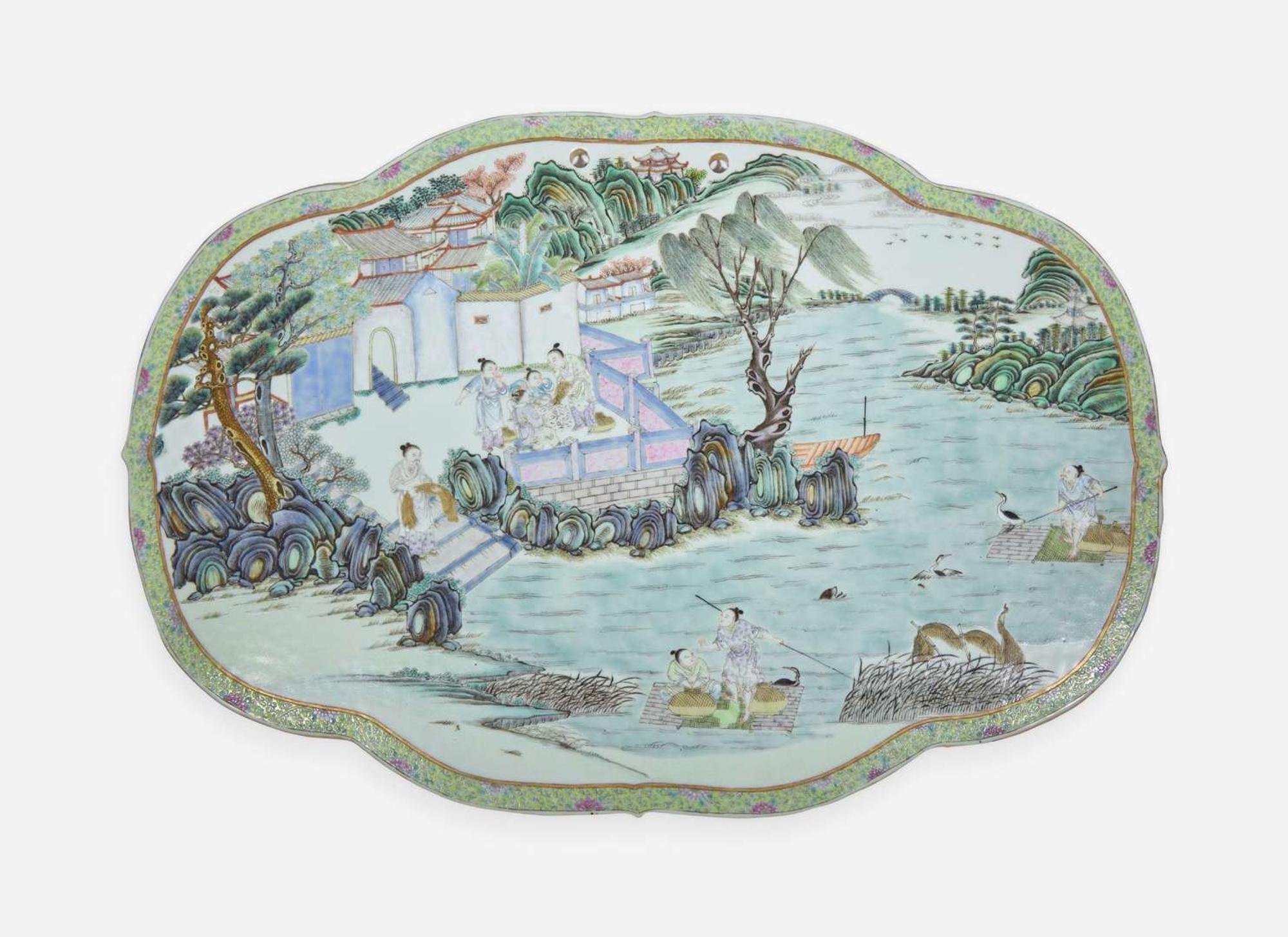 A Chinese famille rose-decorated "Fisherman" plaque 粉彩人物瓷板