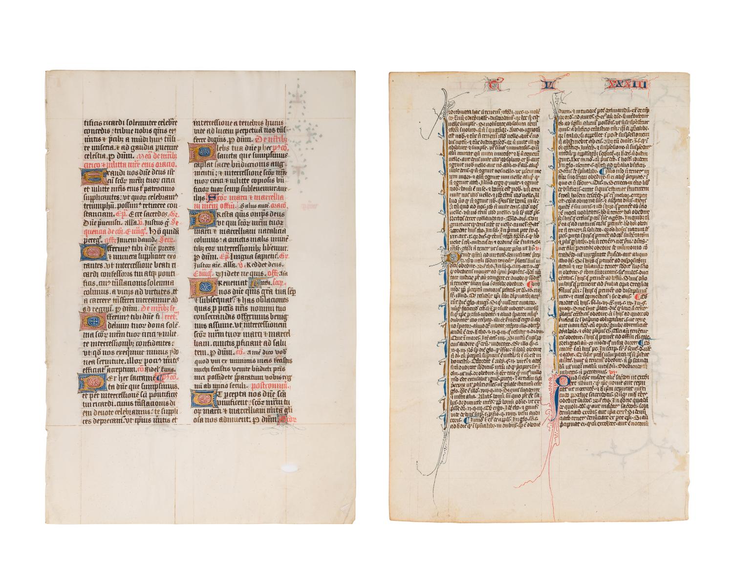 A set of two leaves with penwork decoration from the late fourteenth century.