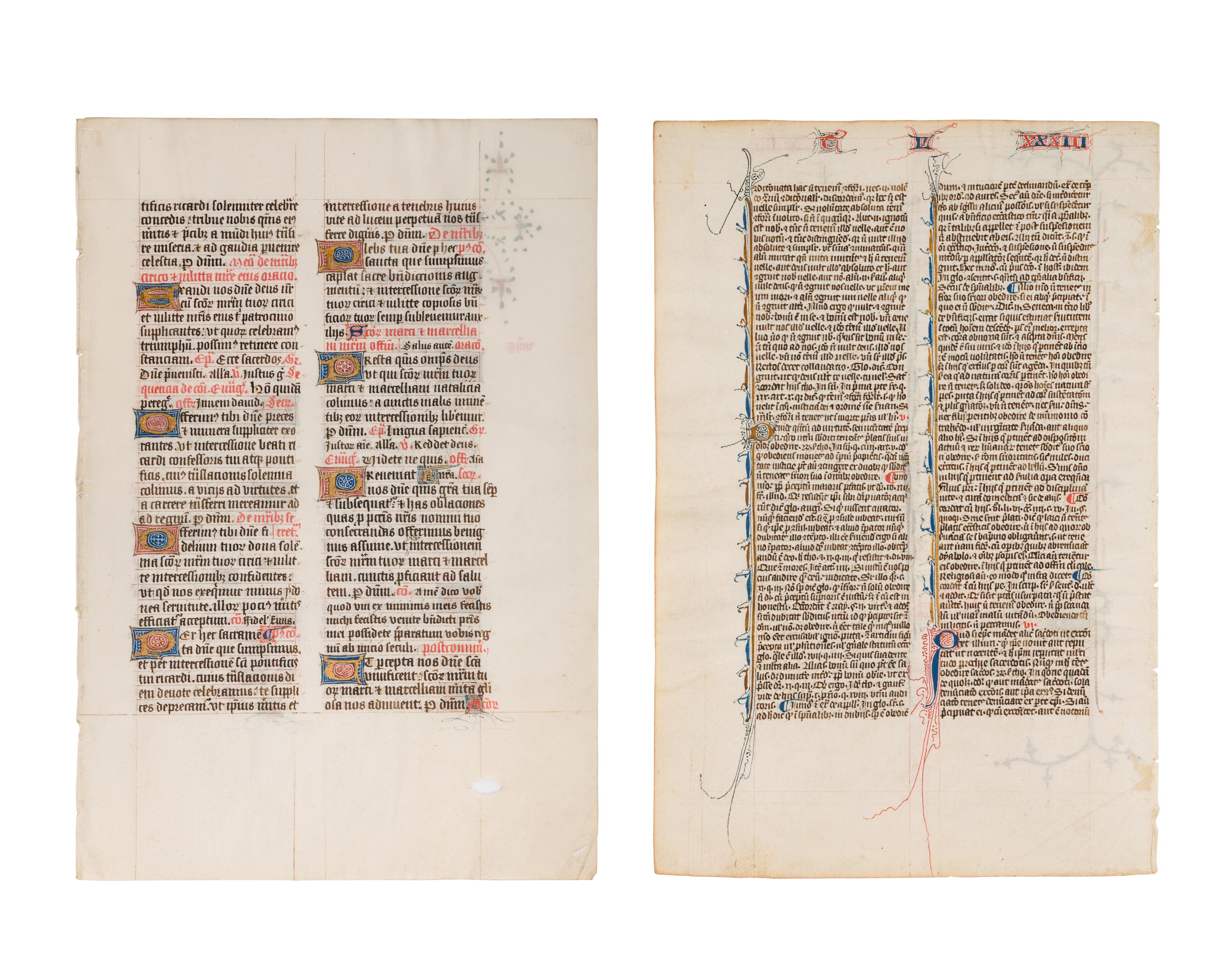A set of two leaves with penwork decoration from the late fourteenth century.