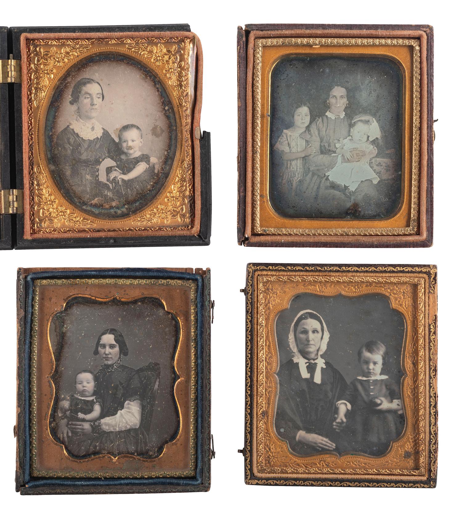 [EARLY PHOTOGRAPHY]. A group of 13 sixth plate daguerreotypes of parents with children, including: