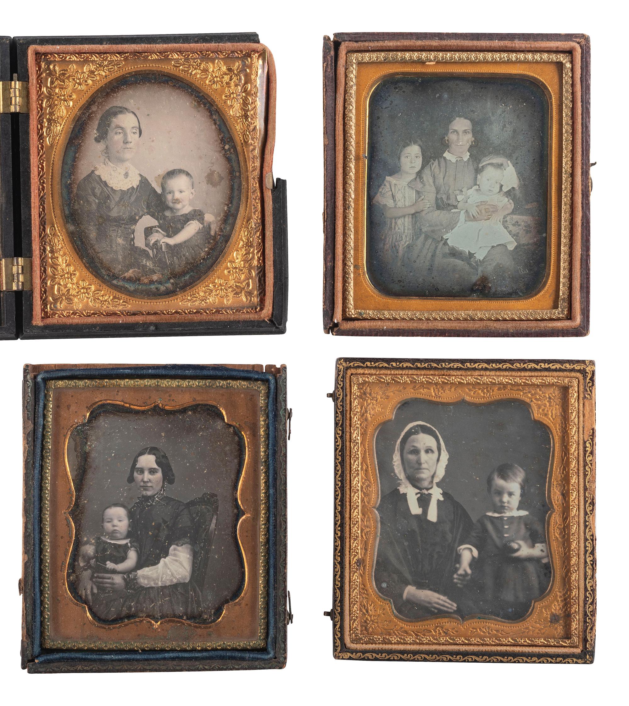 [EARLY PHOTOGRAPHY]. A group of 13 sixth plate daguerreotypes of parents with children, including: