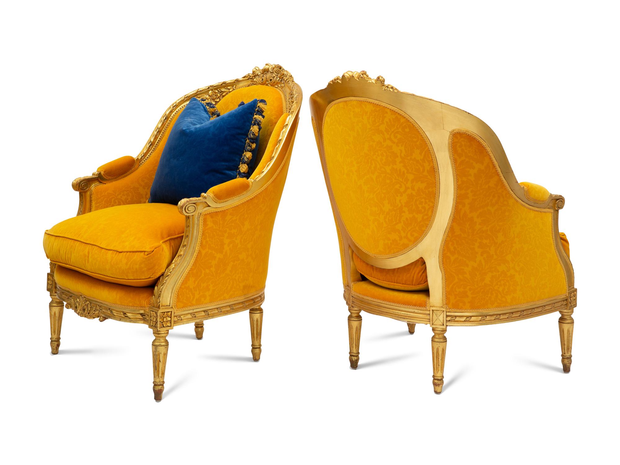 A Pair of Louis XV Style Giltwood Bergères