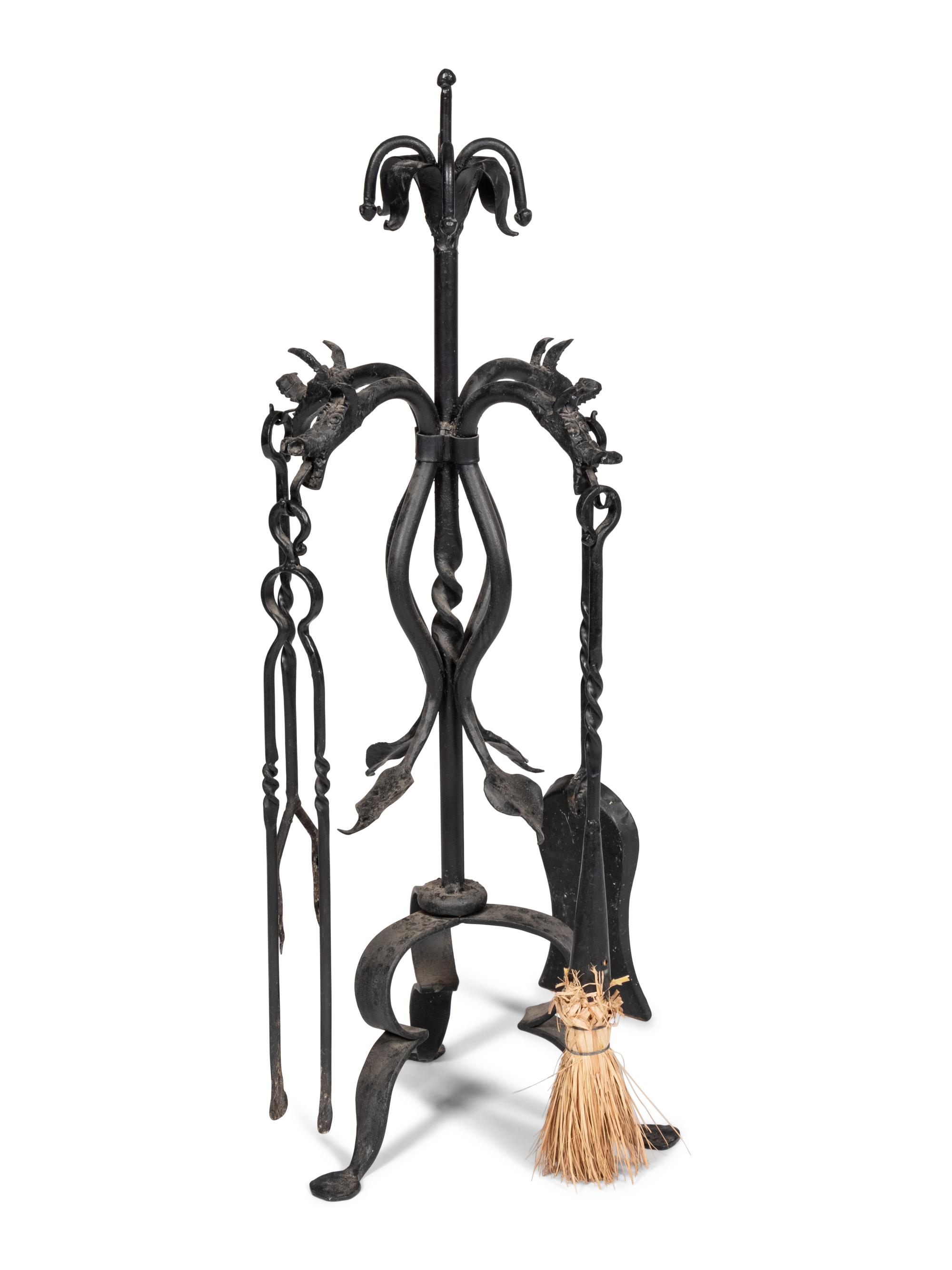 A Set of Iron Dragon Form Fireplace Tools