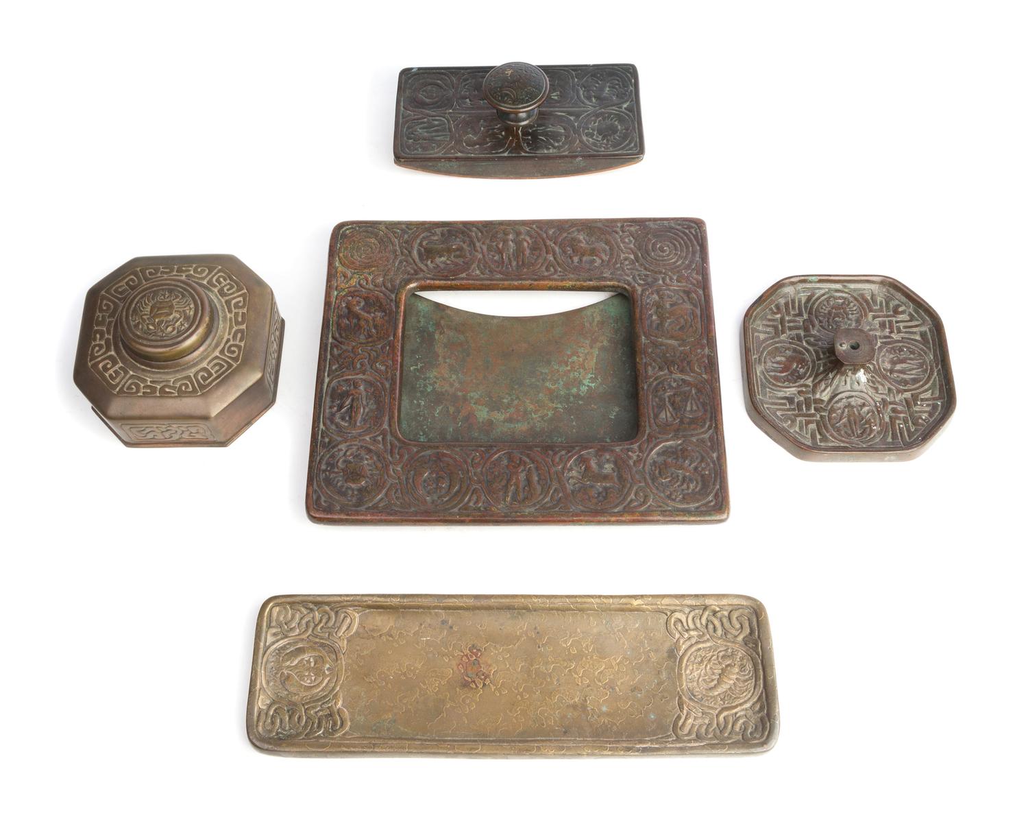 Tiffany Studios, a Zodiac pattern five-piece desk set