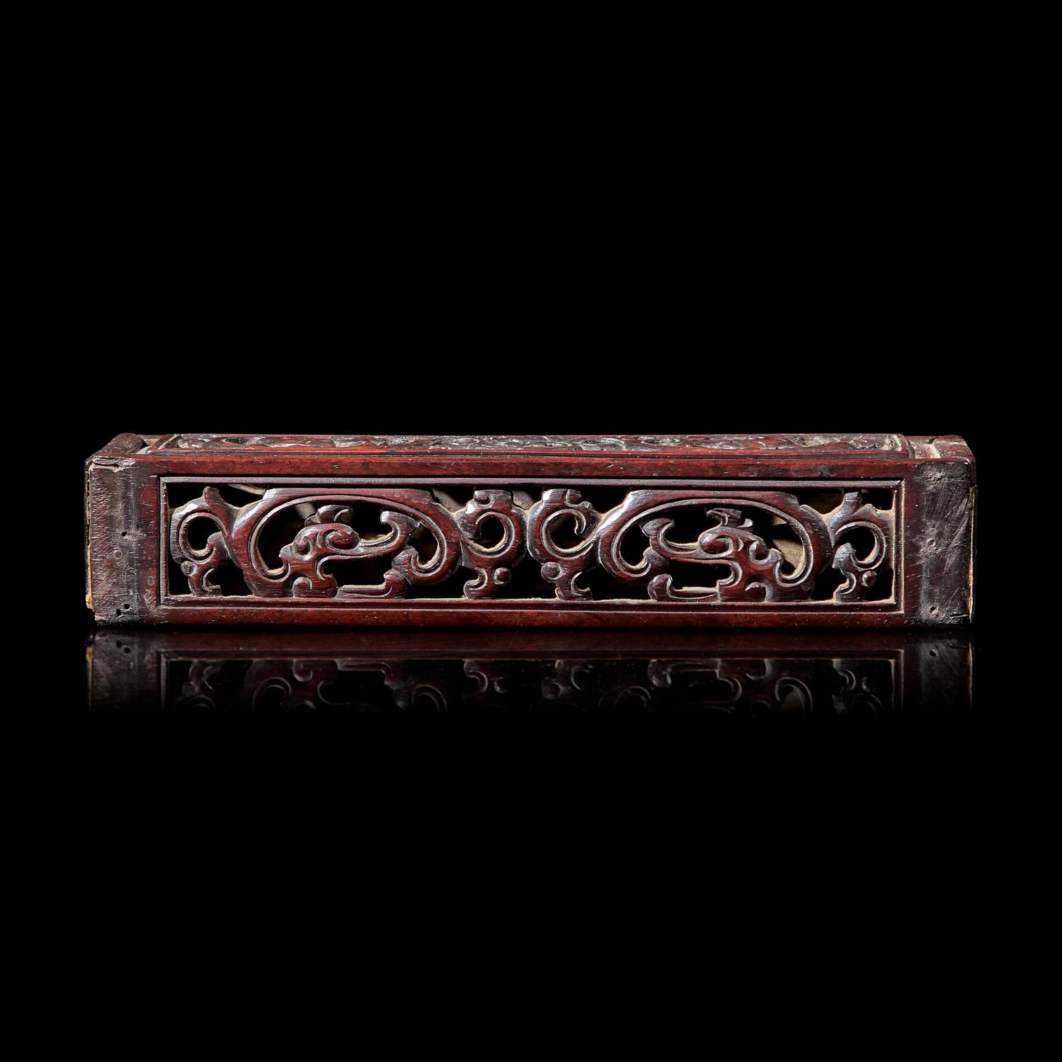 A Chinese Reticulated Hardwood Perfumier, 19th Century or Earlier 清中期 紅木鏤雕龍紋香盒