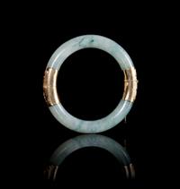 A 14K Gold Mounted Apple Green and Celadon Jadeite Bangle Diameter 3 1/4 (exterior).