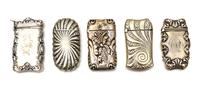 A Collection of Five American Vesta Cases, Various Makers, comprising a silver example having a rocaille and C-scroll decorated border,