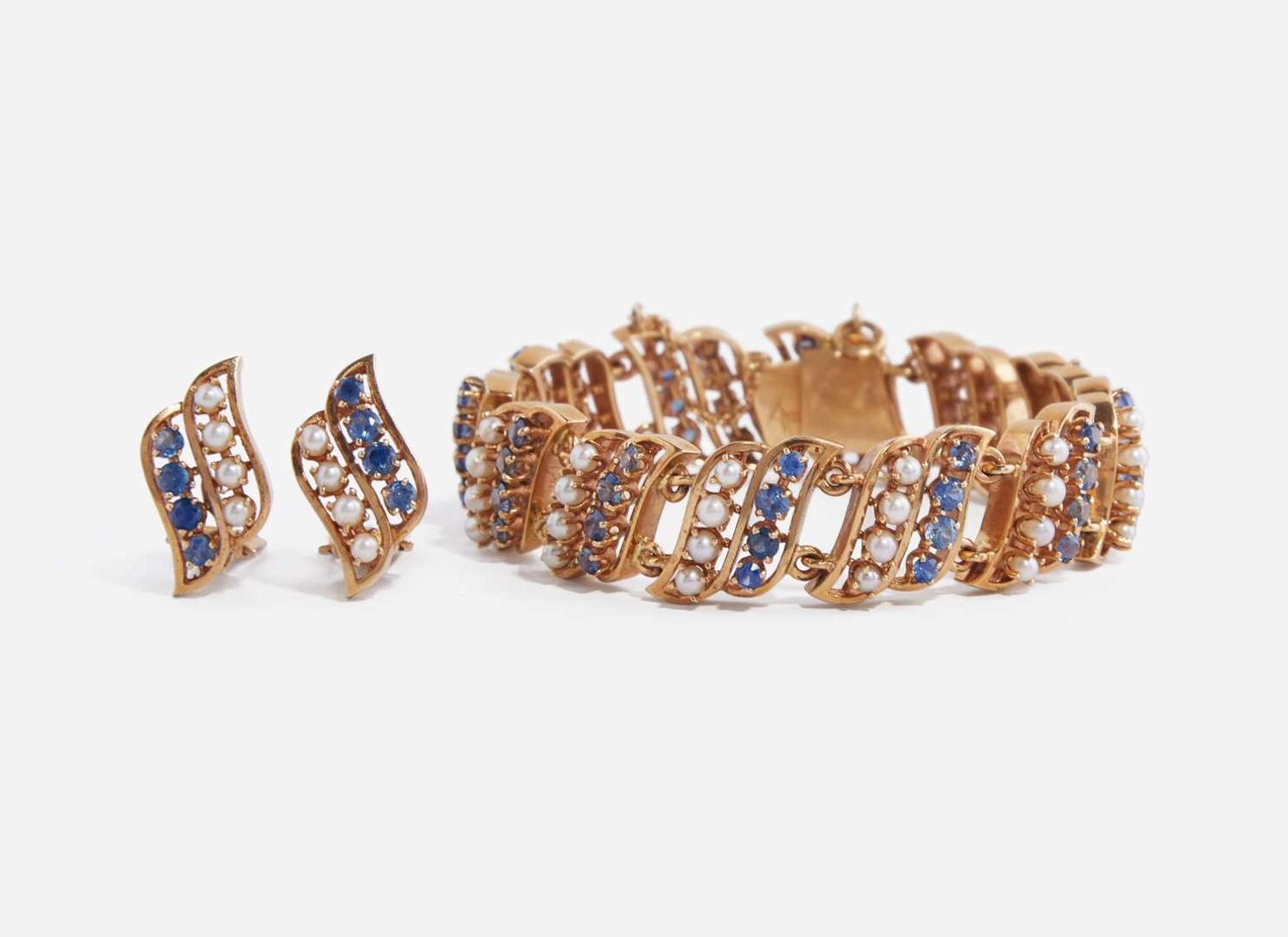A Matching Set of 14K Yellow Gold, Pearl, and Sapphire Earrings and Bracelet