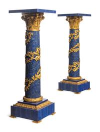 A Pair of Empire Style Gilt Bronze and Lapis Lazuli Pedestals
