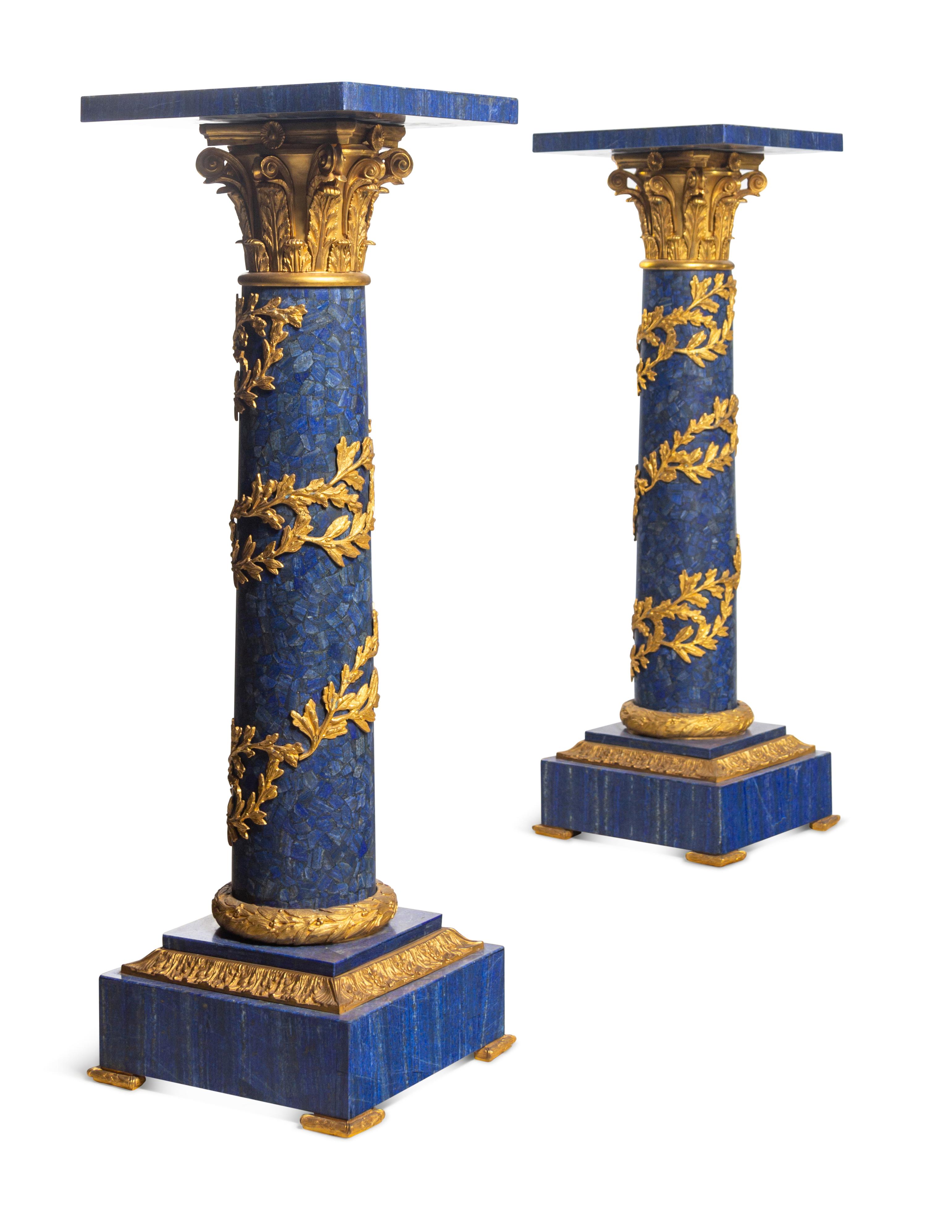 A Pair of Empire Style Gilt Bronze and Lapis Lazuli Pedestals