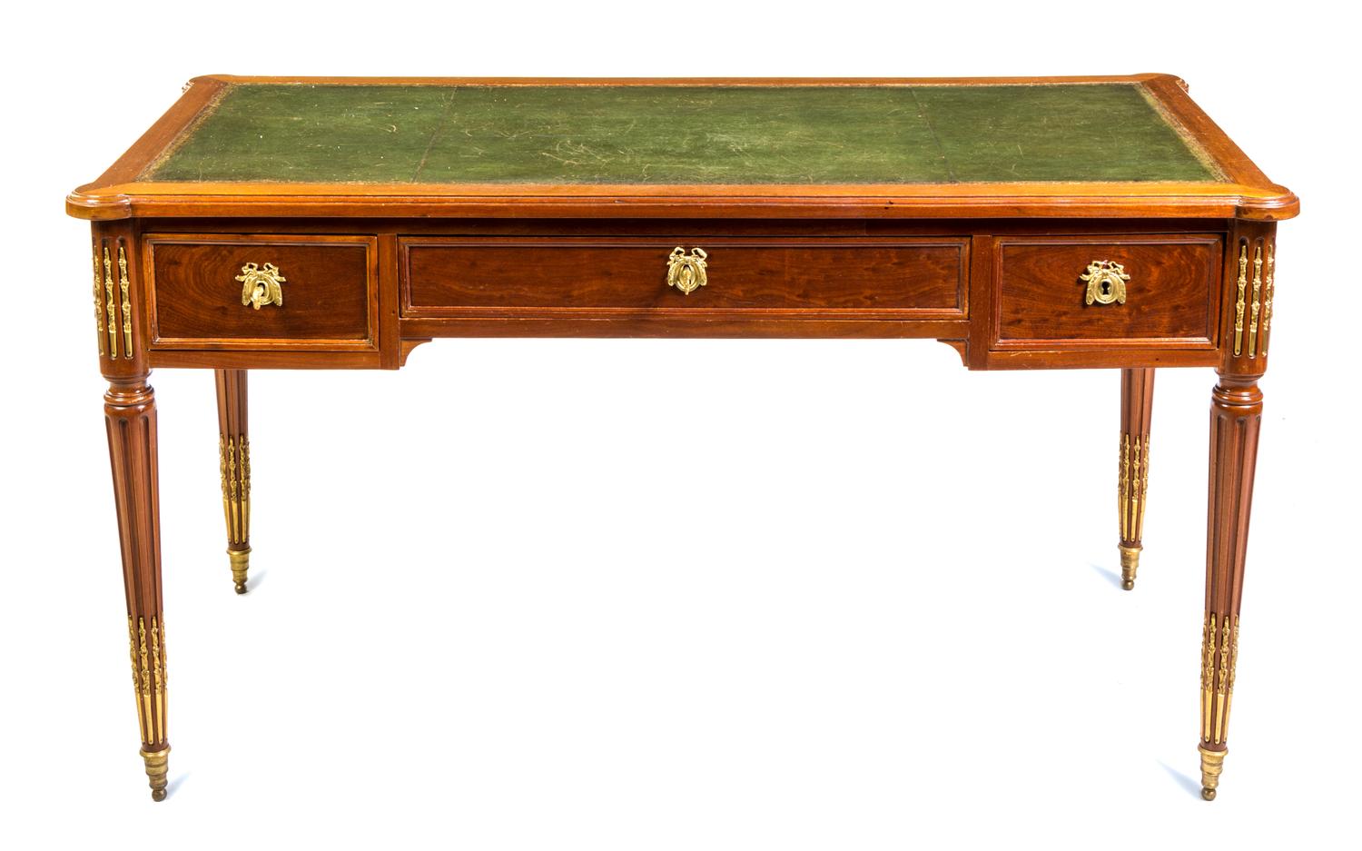A Louis XVI Style Gilt Bronze Mounted Mahogany Bureau Plat Height 29 3/4 x width 52 1/2 x depth 26 1/4 inches. — 19TH CENTURY