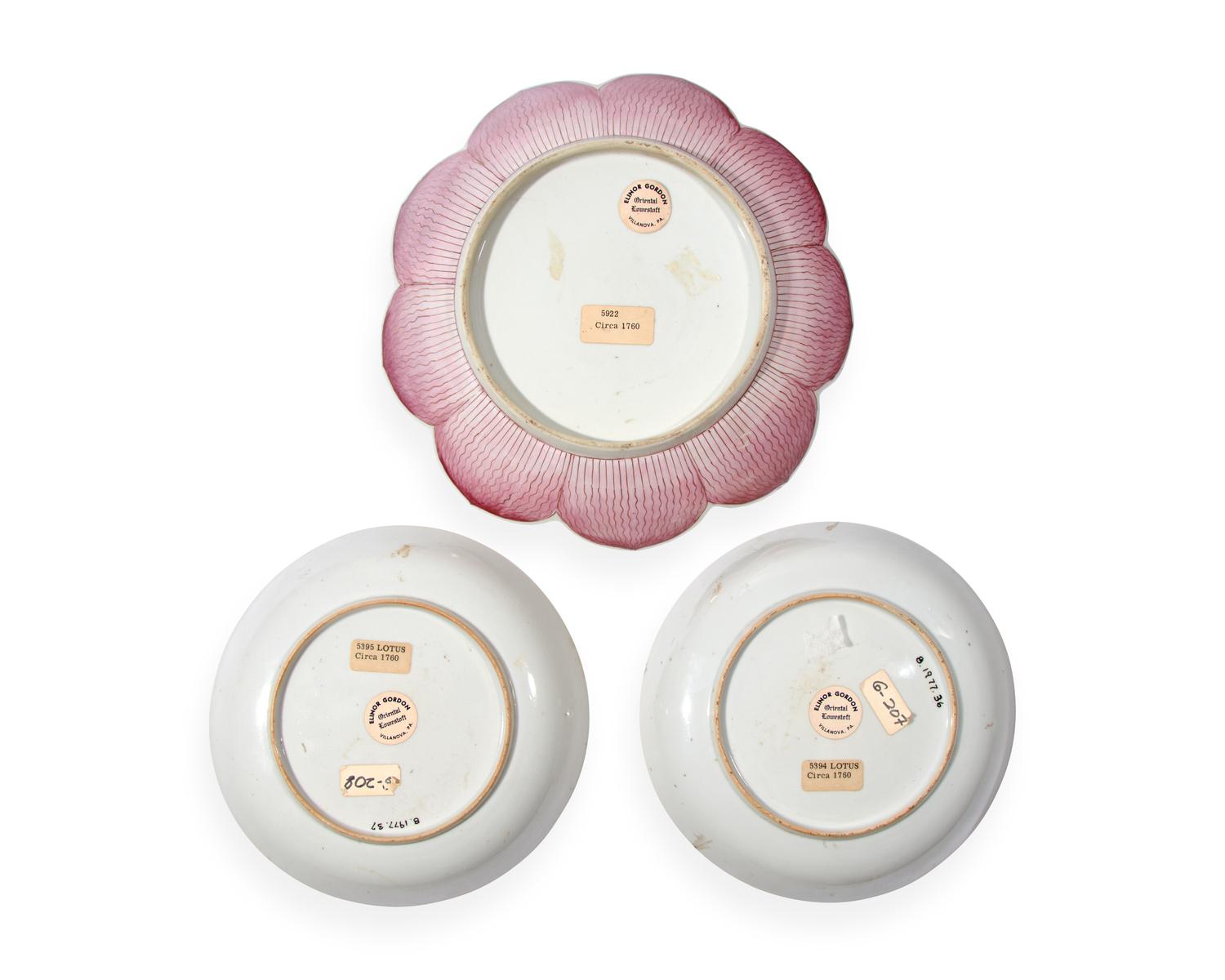 A group of three Chinese Export porcelain pink lotus bowls, mid-18th century