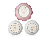A group of three Chinese Export porcelain pink lotus bowls, mid-18th century