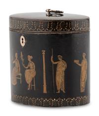 An English Ebonized and Pen-Work Decorated Tea Caddy