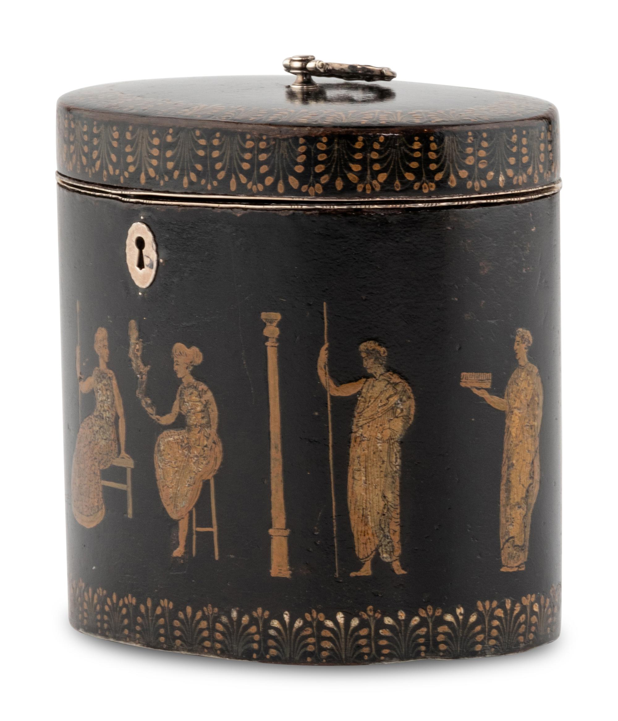 An English Ebonized and Pen-Work Decorated Tea Caddy
