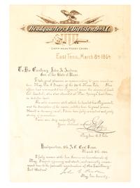 [CIVIL WAR]. PARKE, John G. (1827-1900) and FERRARO, Edward (1831-1899). Hand-drawn testimonial presented to Major William F. Draper, 36th Massachusetts Infantry, signed by Generals Parke and Ferrero. East Tennessee, 8 March 1864.