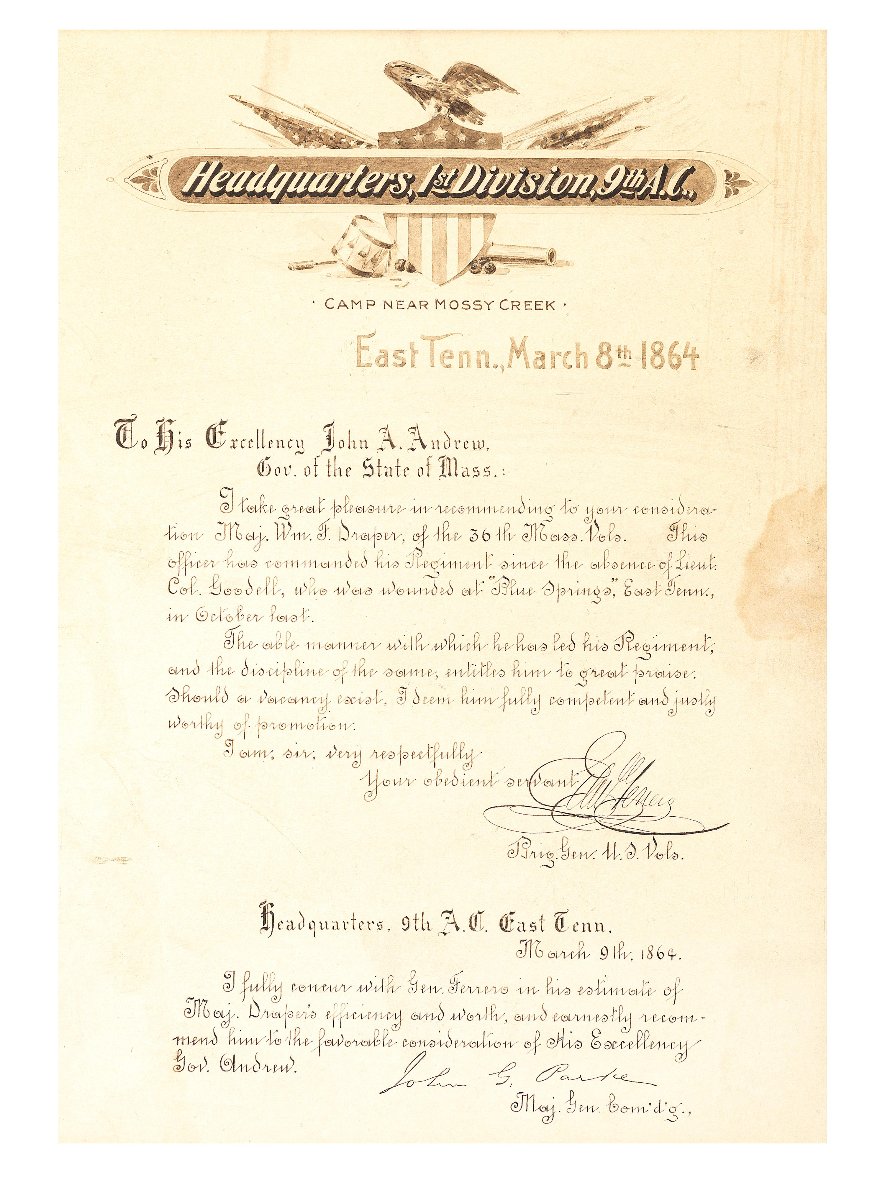 [CIVIL WAR]. PARKE, John G. (1827-1900) and FERRARO, Edward (1831-1899). Hand-drawn testimonial presented to Major William F. Draper, 36th Massachusetts Infantry, signed by Generals Parke and Ferrero. East Tennessee, 8 March 1864.