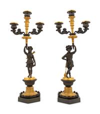 A Pair of Regency Gilt and Patinated Bronze Three-Light Figural Candelabra