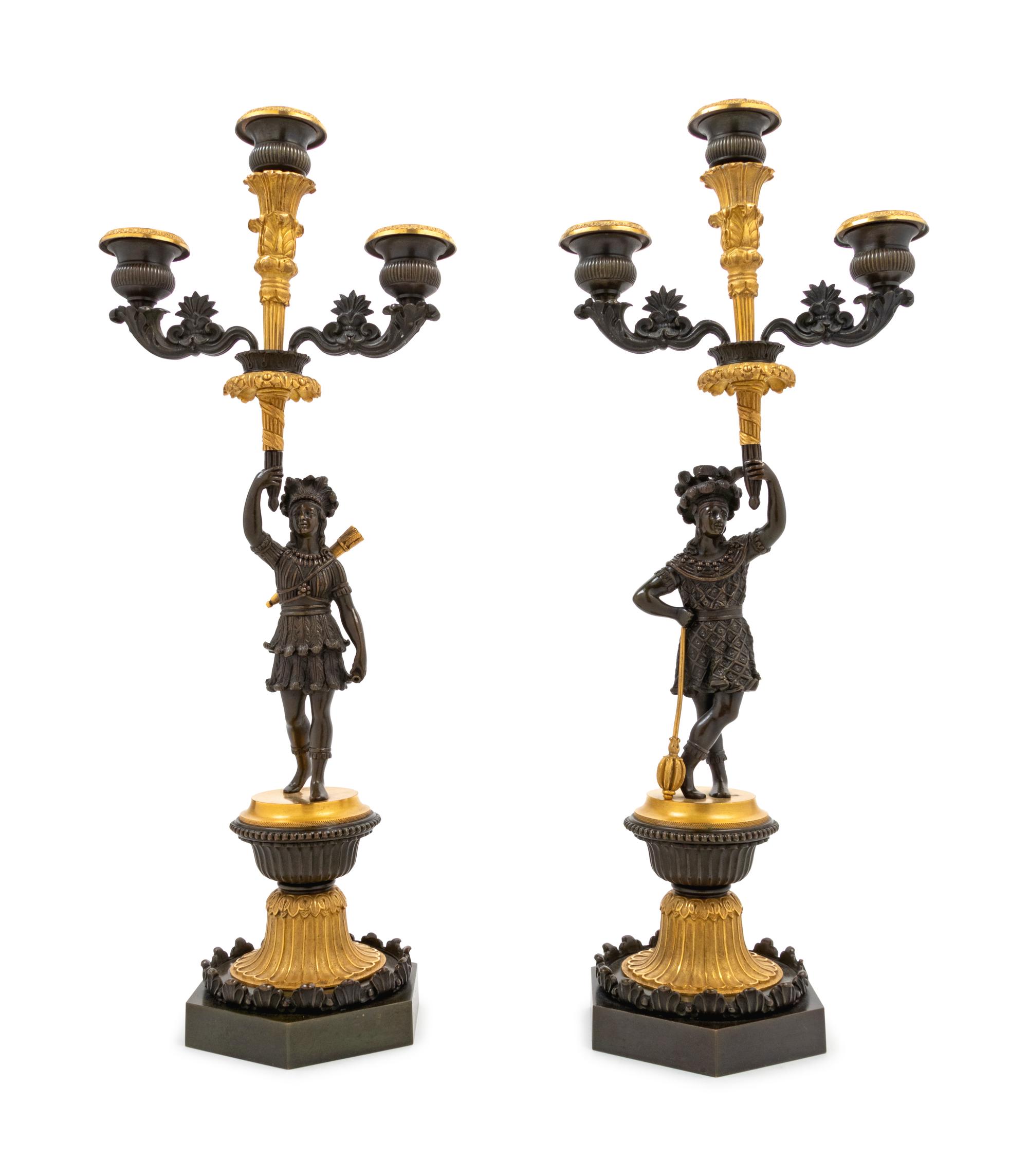A Pair of Regency Gilt and Patinated Bronze Three-Light Figural Candelabra