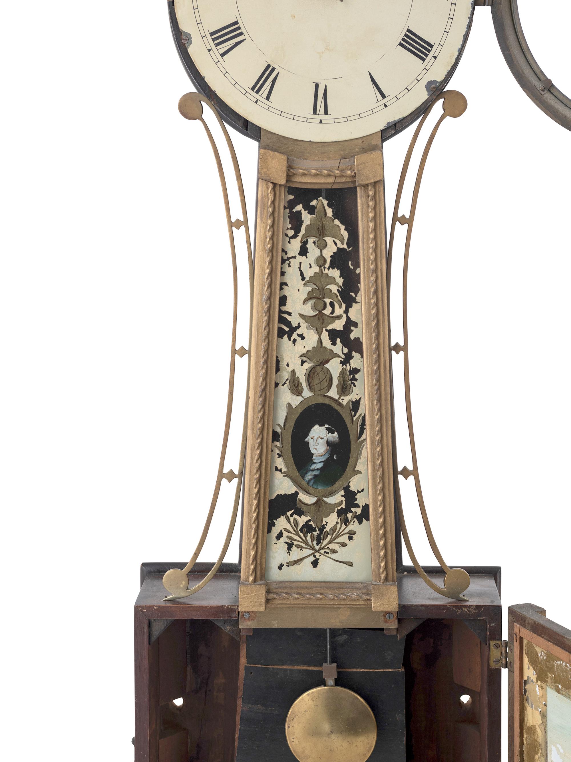 A Federal Eglomise Inset, Parcel Gilt George Washington and Mount Vernon Decorated Banjo Clock