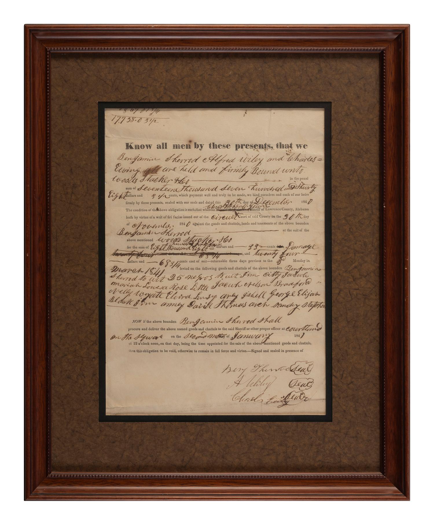 [ENSLAVEMENT & ABOLITION]. Partly printed document identifying 24 enslaved men, women, and children to be sold at auction. Lawrence County, Alabama, 30 December 1840.
