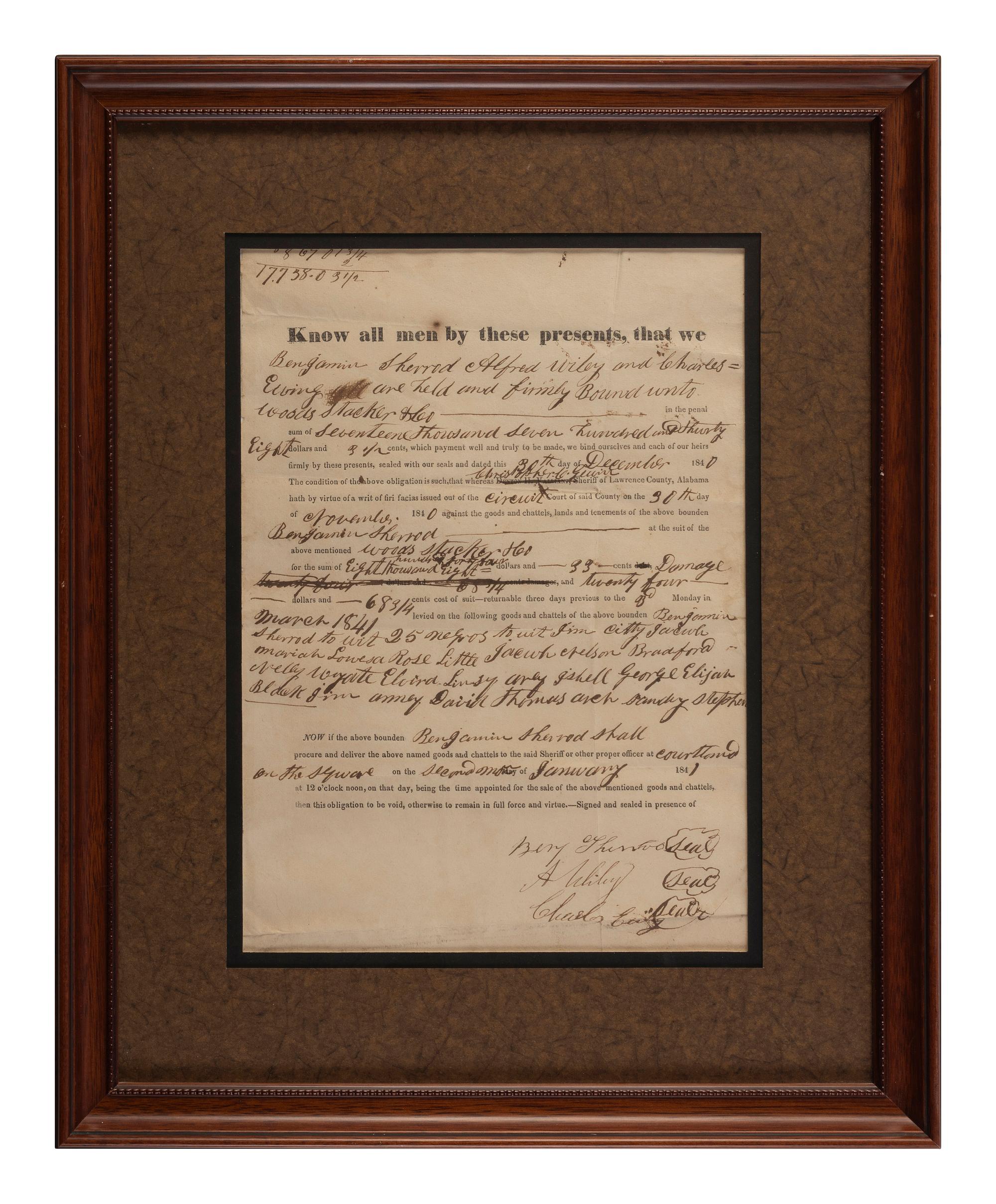 [ENSLAVEMENT & ABOLITION]. Partly printed document identifying 24 enslaved men, women, and children to be sold at auction. Lawrence County, Alabama, 30 December 1840.