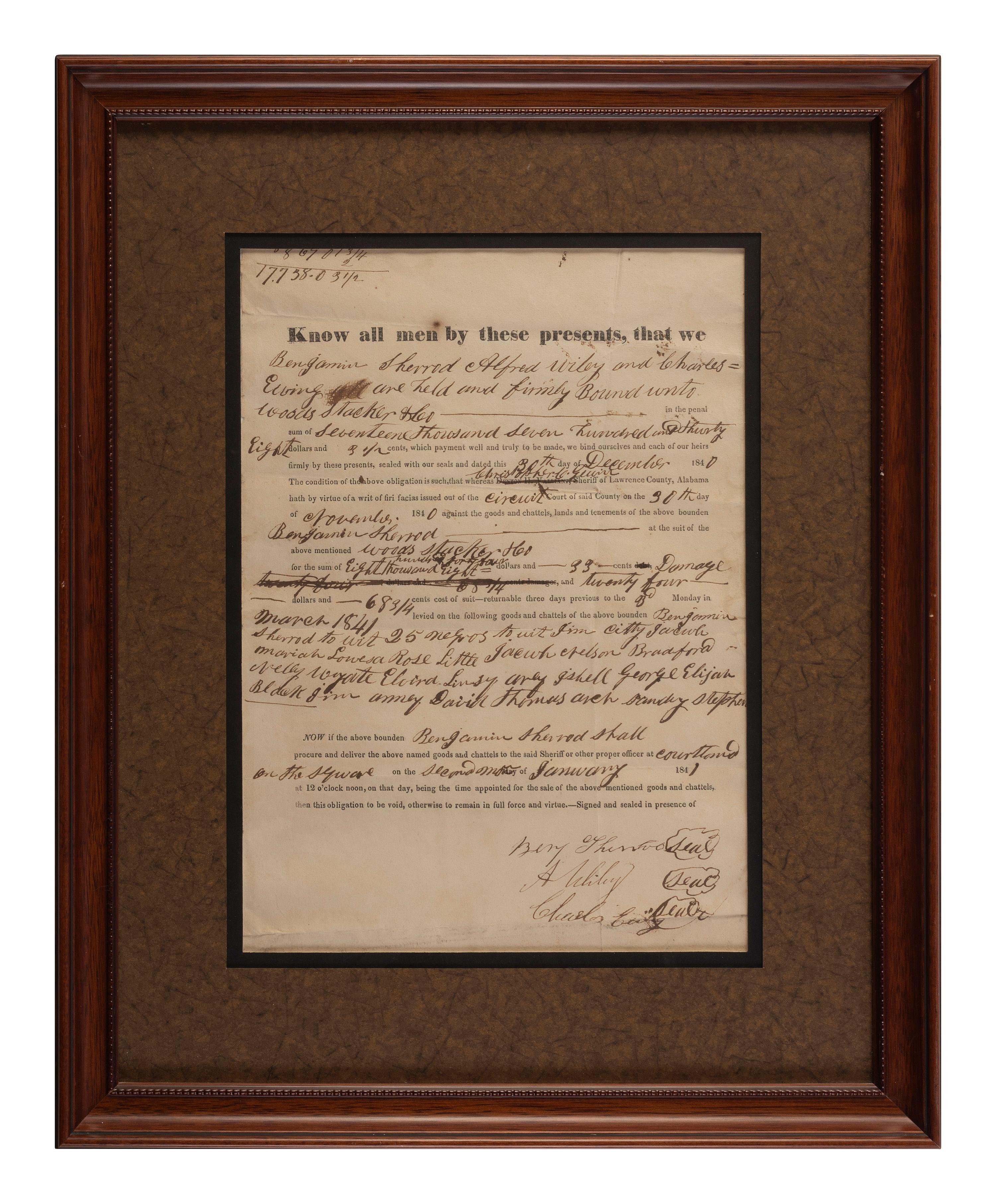 [ENSLAVEMENT & ABOLITION]. Partly printed document identifying 24 enslaved men, women, and children to be sold at auction. Lawrence County, Alabama, 30 December 1840.