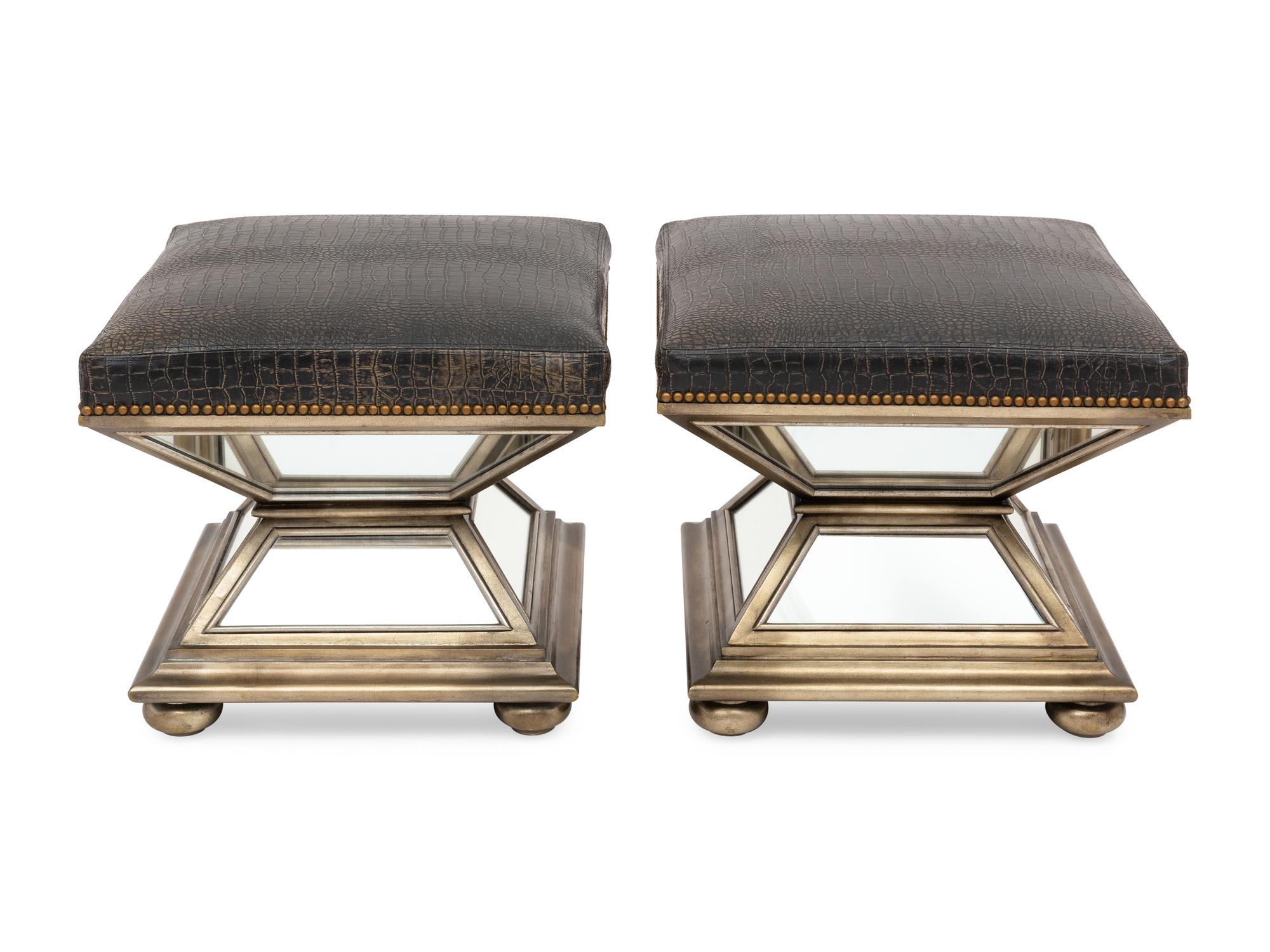A Pair of Silvered and Mirrored Hourglass Stools