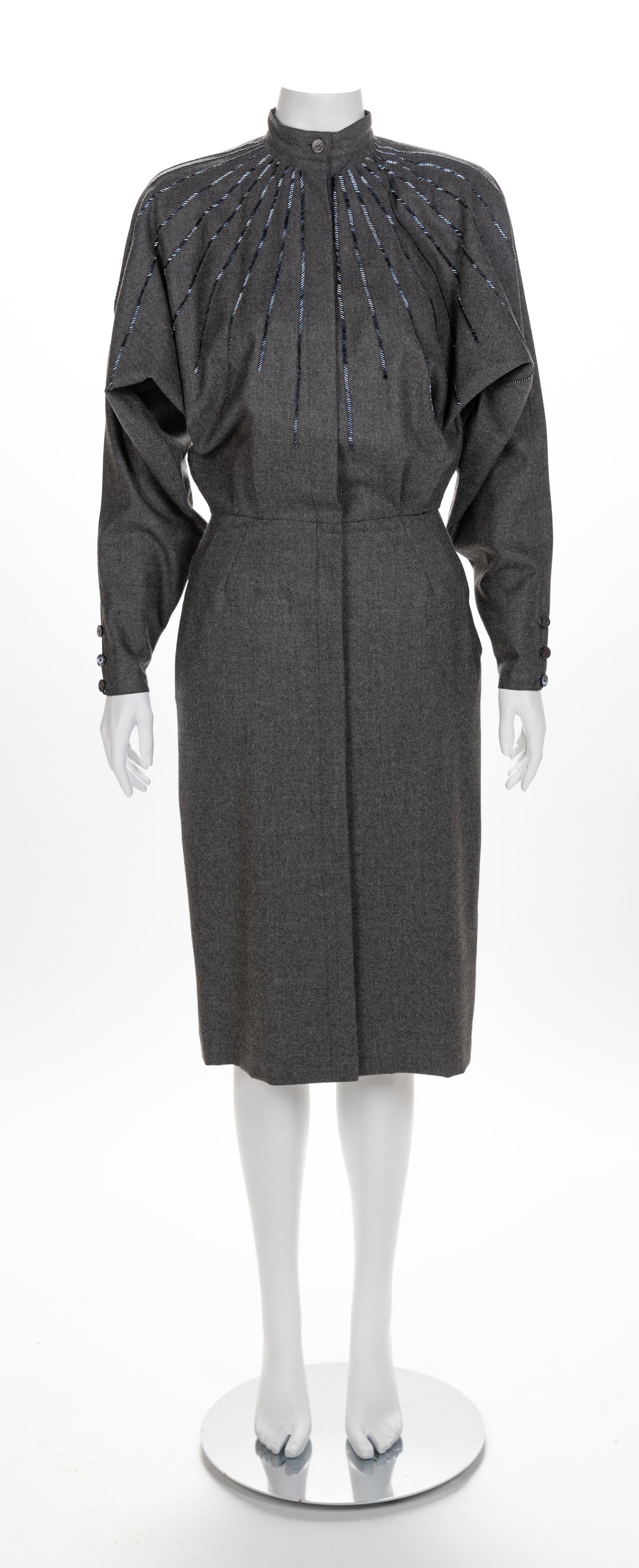 Gucci Grey Wool Dress with Detachable Collar, 1980s No size label